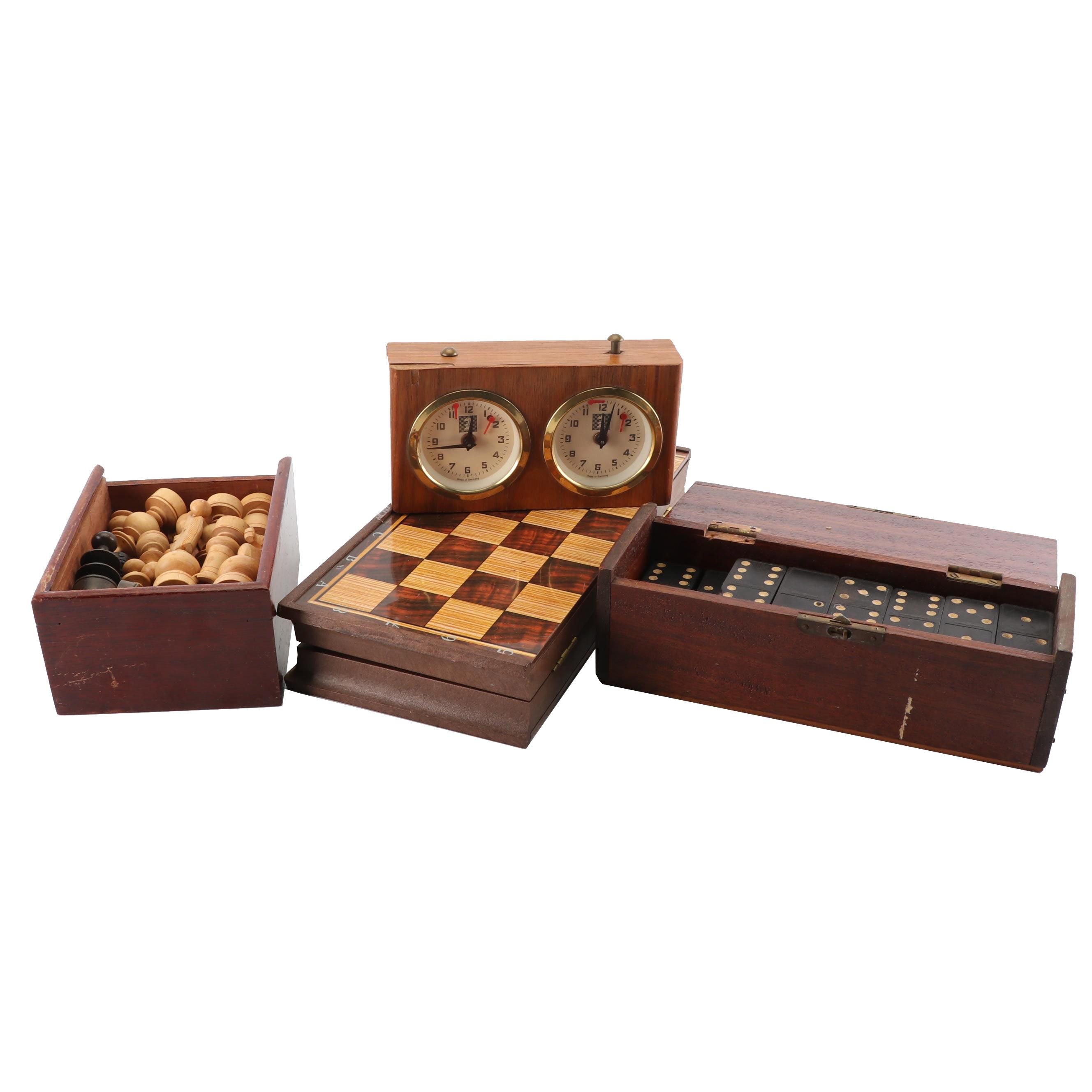 Vintage Spiele Hempfling Chess Clock with Chess Set and Dominoes