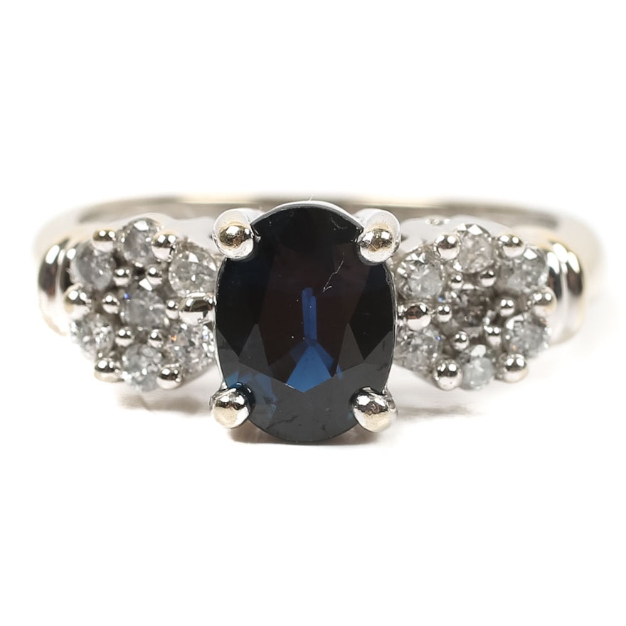 14K White Gold Sapphire and Diamond Flower Accented Ring