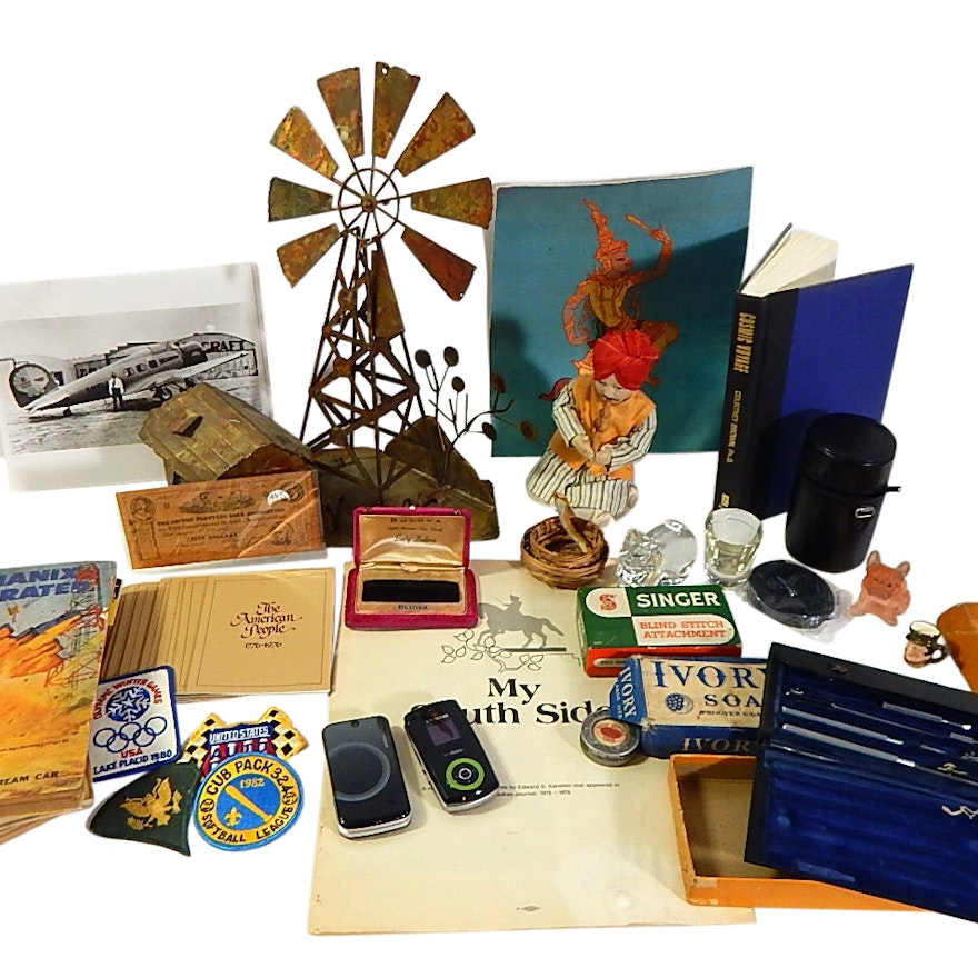 Assorted Collectibles, Ephemera, Flip Phones, Dietzgen Drawing Set, Ivory Soap