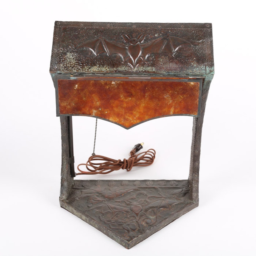 Jugendstil Style Art Nouveau Hammered Copper Bat Motif Table Lamp