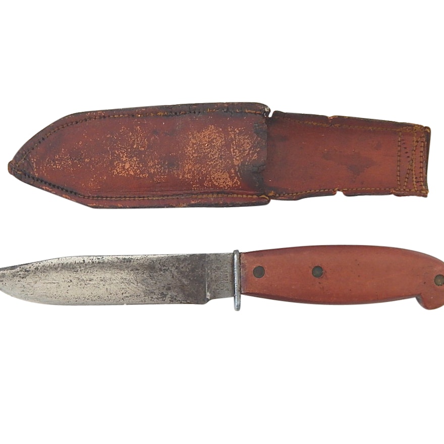 Vintage Bridge Cutlery Hunting Style Fixed Blade Knife with Leather Sheath