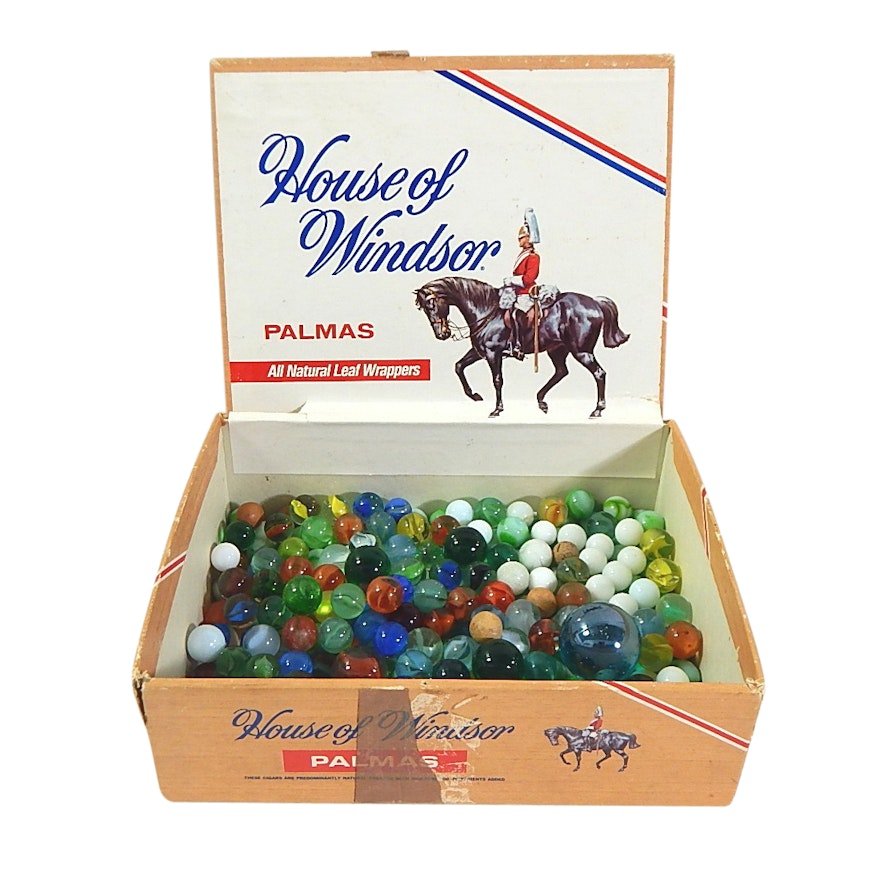 Over 200 Vintage Glass Marbles in Cigar Box