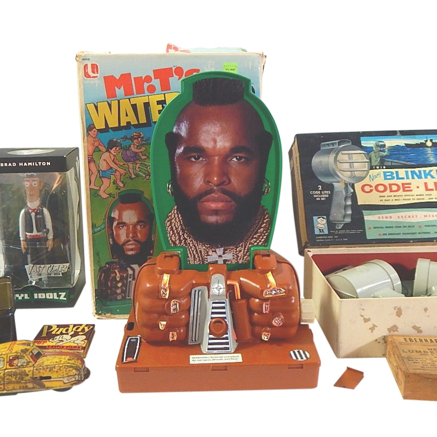 Vintage Toy Lot with 1980s Mr. T Water Toy, Hasbro Code-Lite