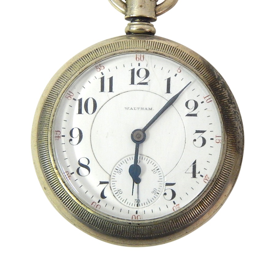 Silver Tone Waltham Pocket Watch with Train Engraving to Case