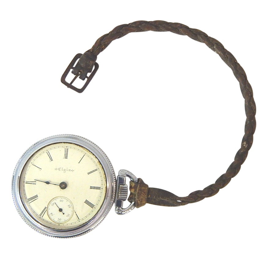 Silver Tone Elgin Pocket Watch with Braided Leather Fob