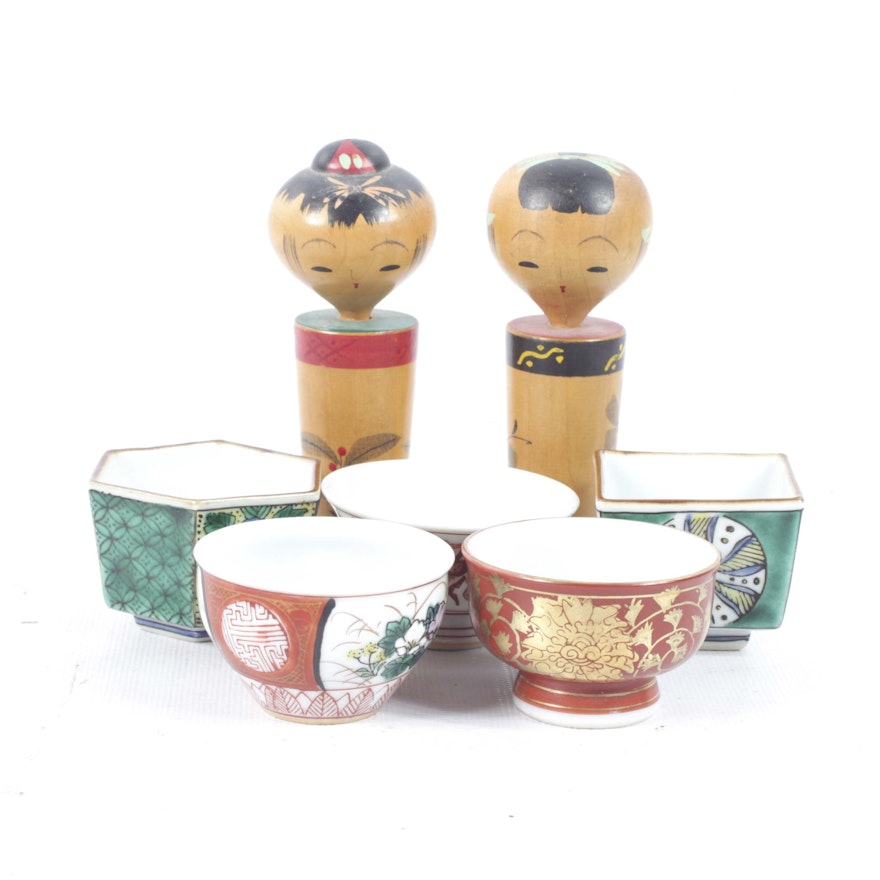 Japanese Kokeshi Dolls and Kutani Porcelain Cups