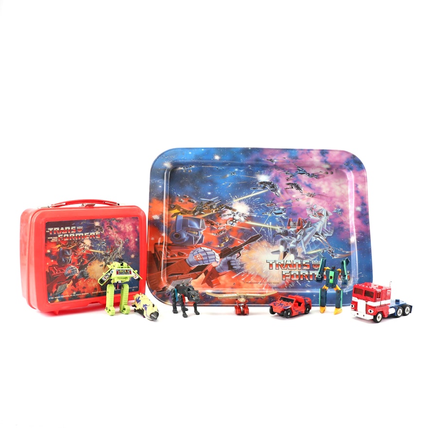 Vintage Transformers Lunchbox, Dinner Tray and Action Figures