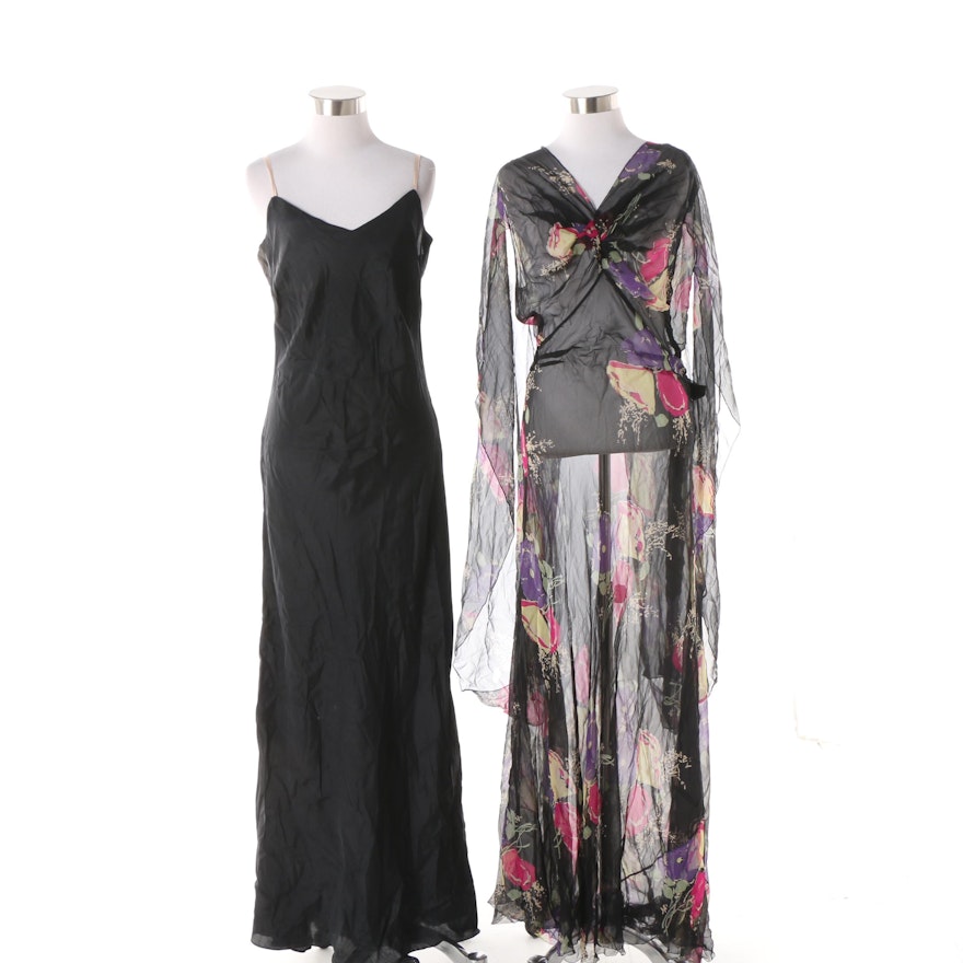 Circa 1970s Sheer Draped Sleeve Floral Print Black Maxi Dress and Slip