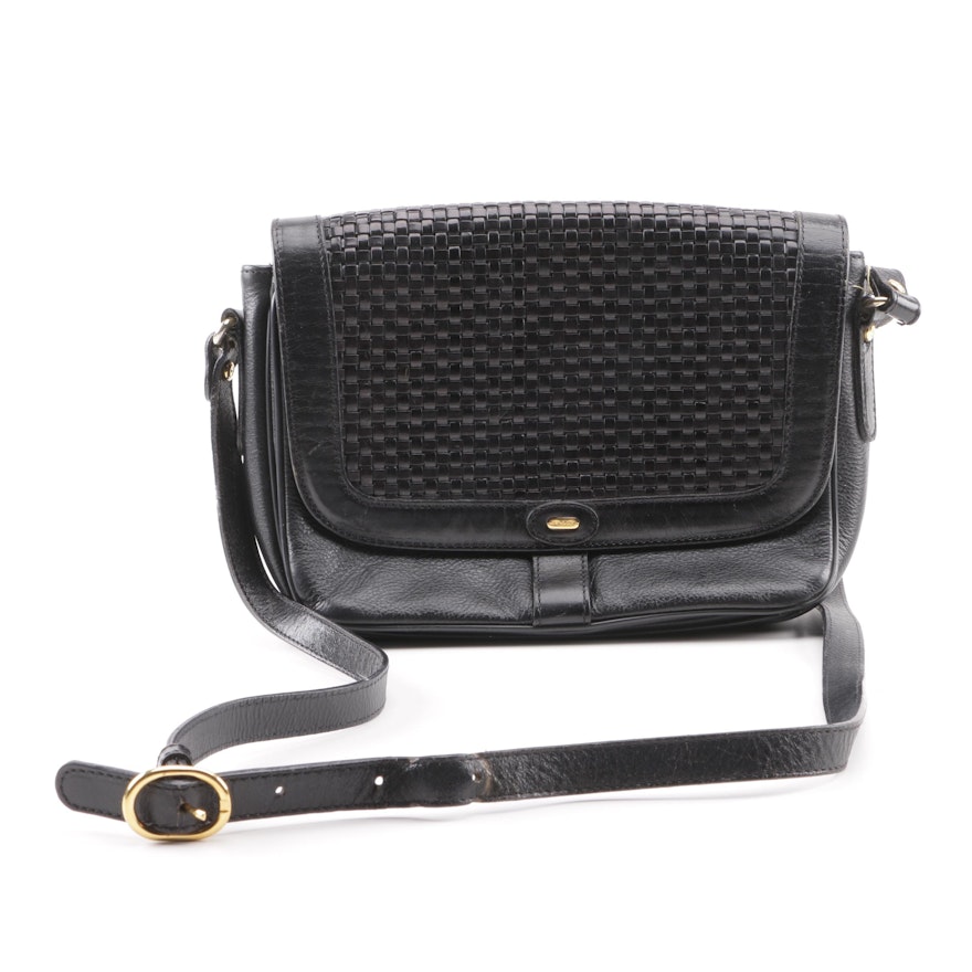 Bally Black Woven Leather Front Flap Crossbody Bag