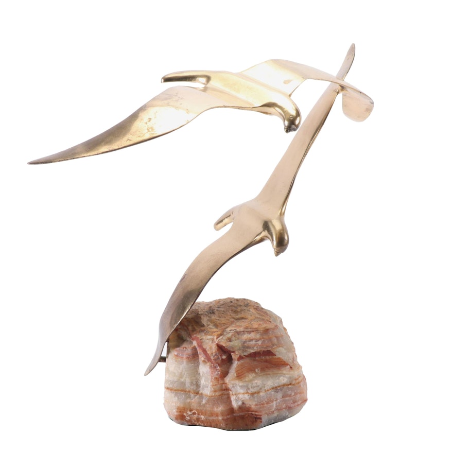 Curtis Jere Brass and Calcite Flying Seagulls Sculpture