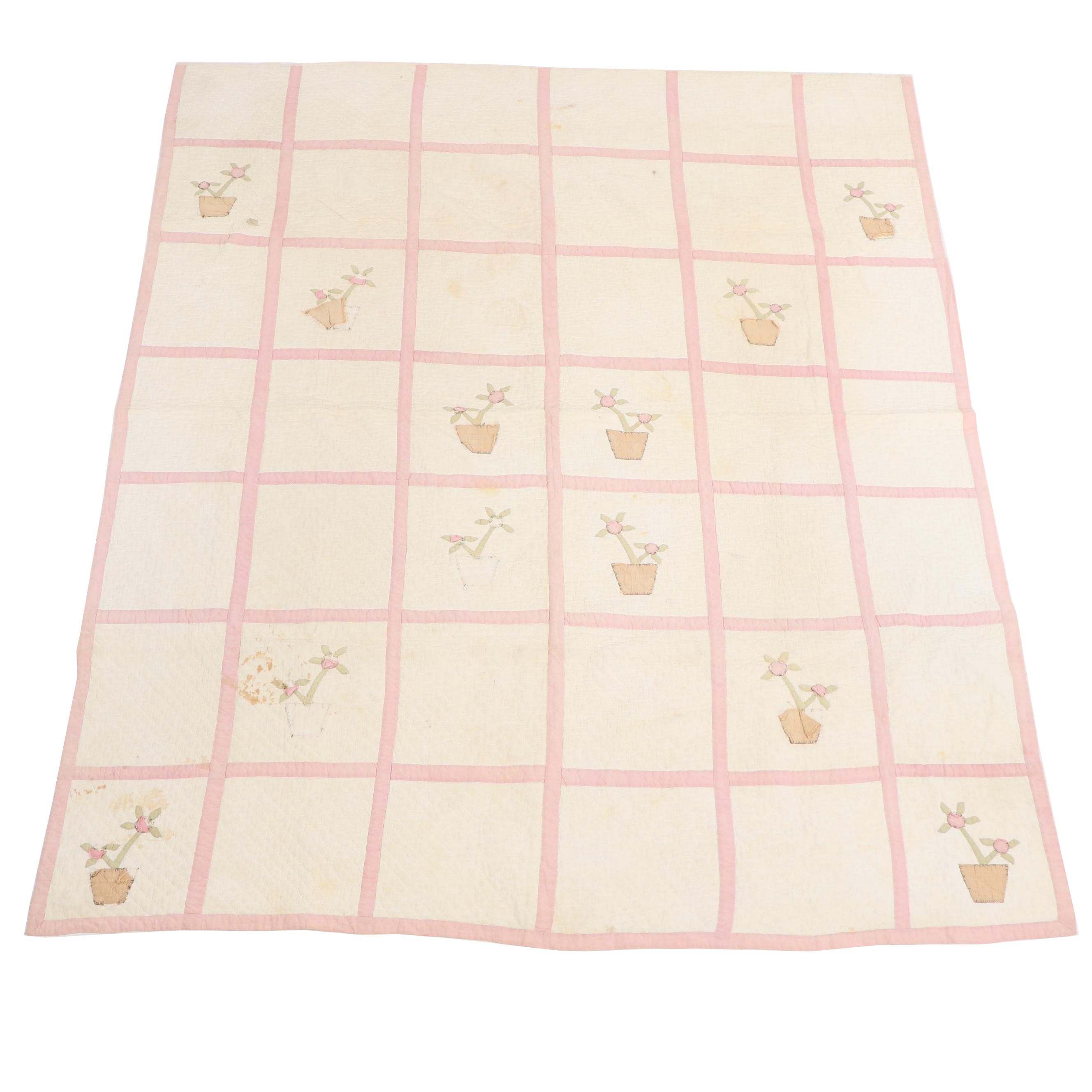 Handmade Flower Pot Applique Quilt