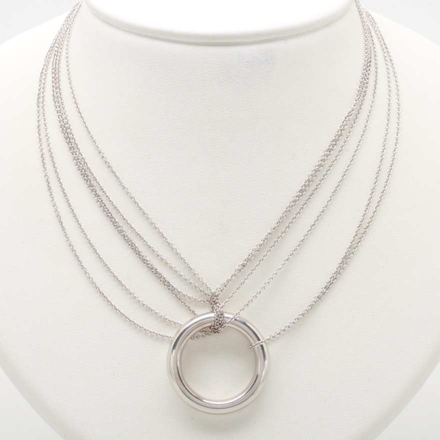 Milor 14K White Gold Multi Strand Necklace with Circle Pendant