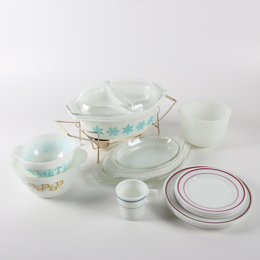 Vintage Pyrex Bakeware and Dinnerware with Mid-Century Chafing Stand