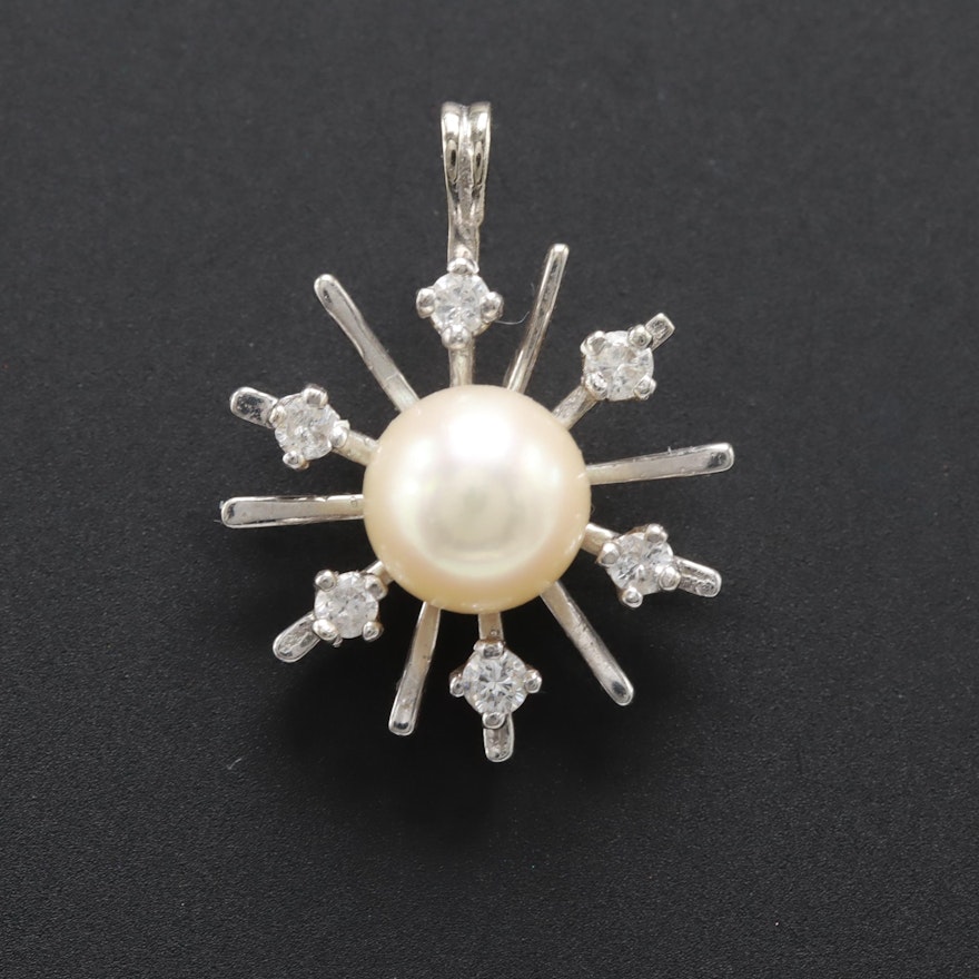 14K White Gold Cultured Pearl and Diamond Pendant
