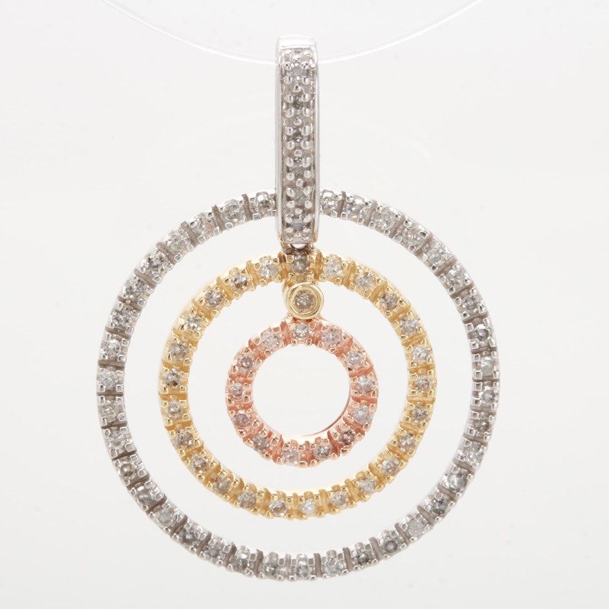 14K Tricolor Diamond Circle Pendant