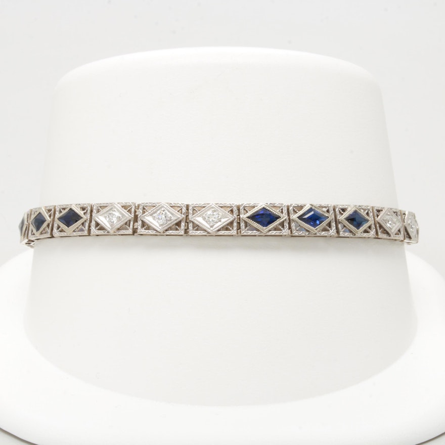 Circa 1930s 14K White Gold Diamond and Synthetic Sapphire Bracelet