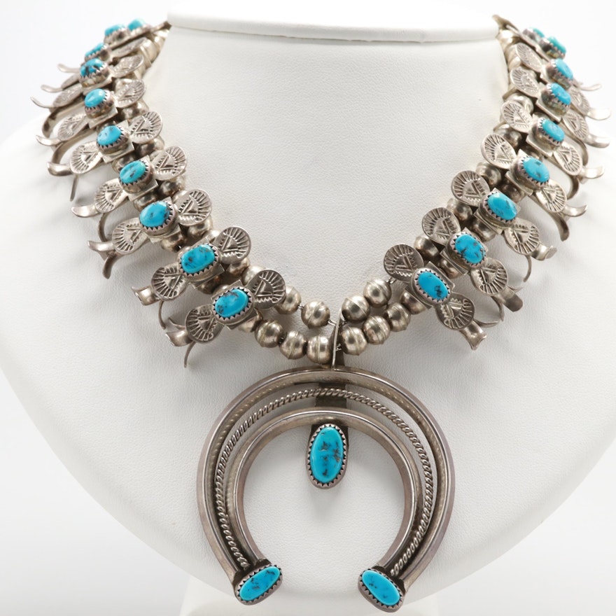 Doris Smallcanyon Navajo Diné Sterling Silver Turquoise Squash Blossom Necklace