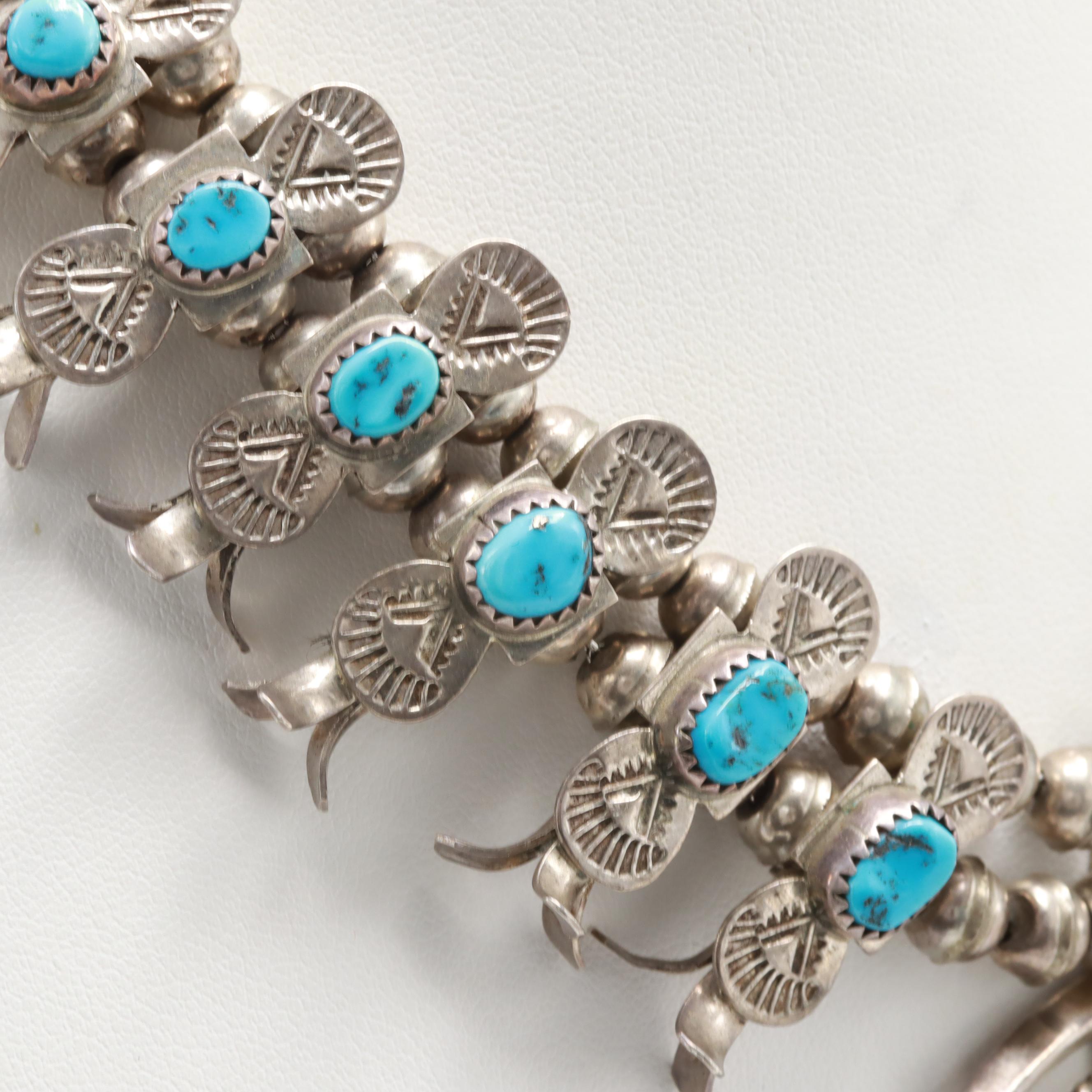 Doris Smallcanyon Navajo Diné Sterling Silver Turquoise Squash Blossom Necklace