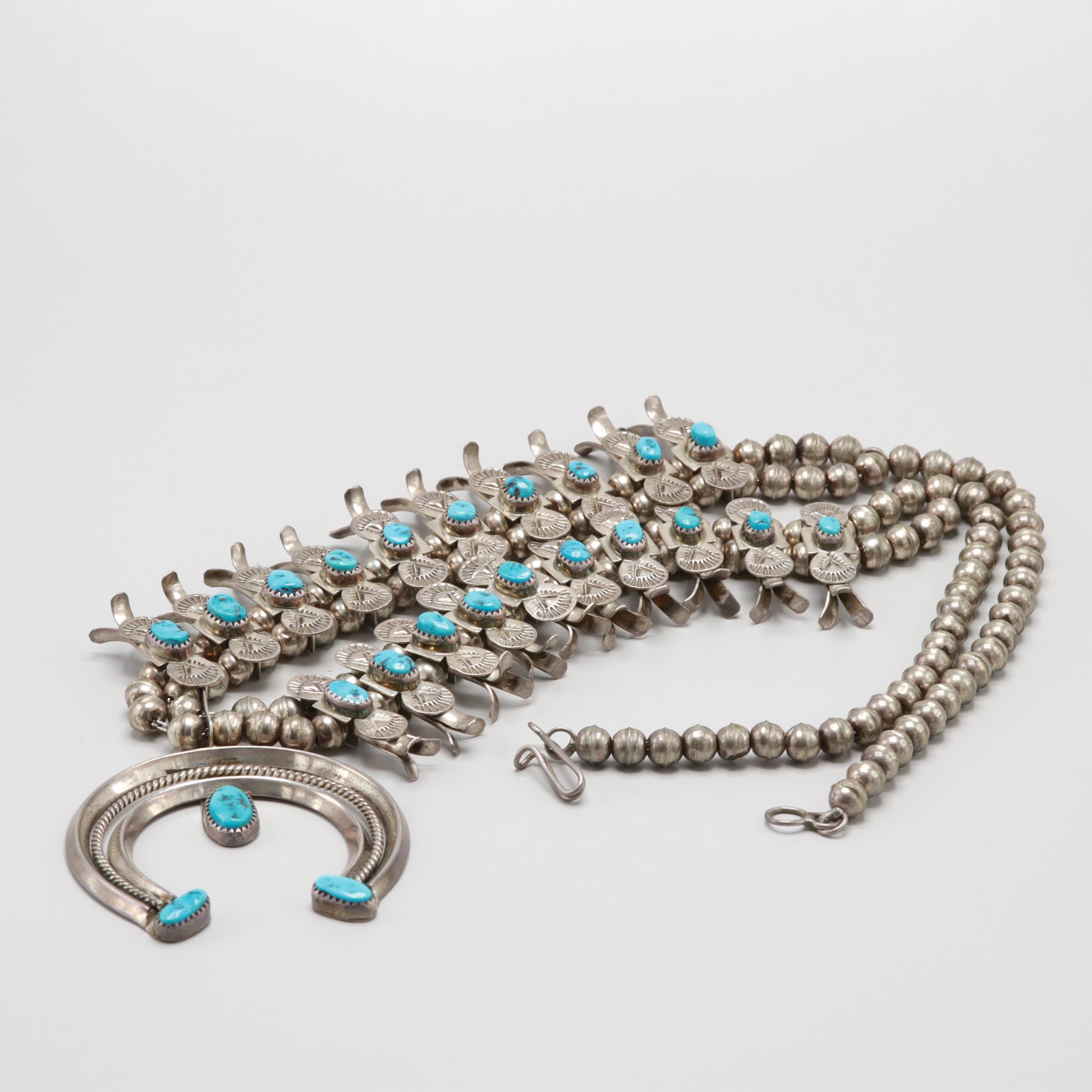 Doris Smallcanyon Navajo Diné Sterling Silver Turquoise Squash Blossom Necklace