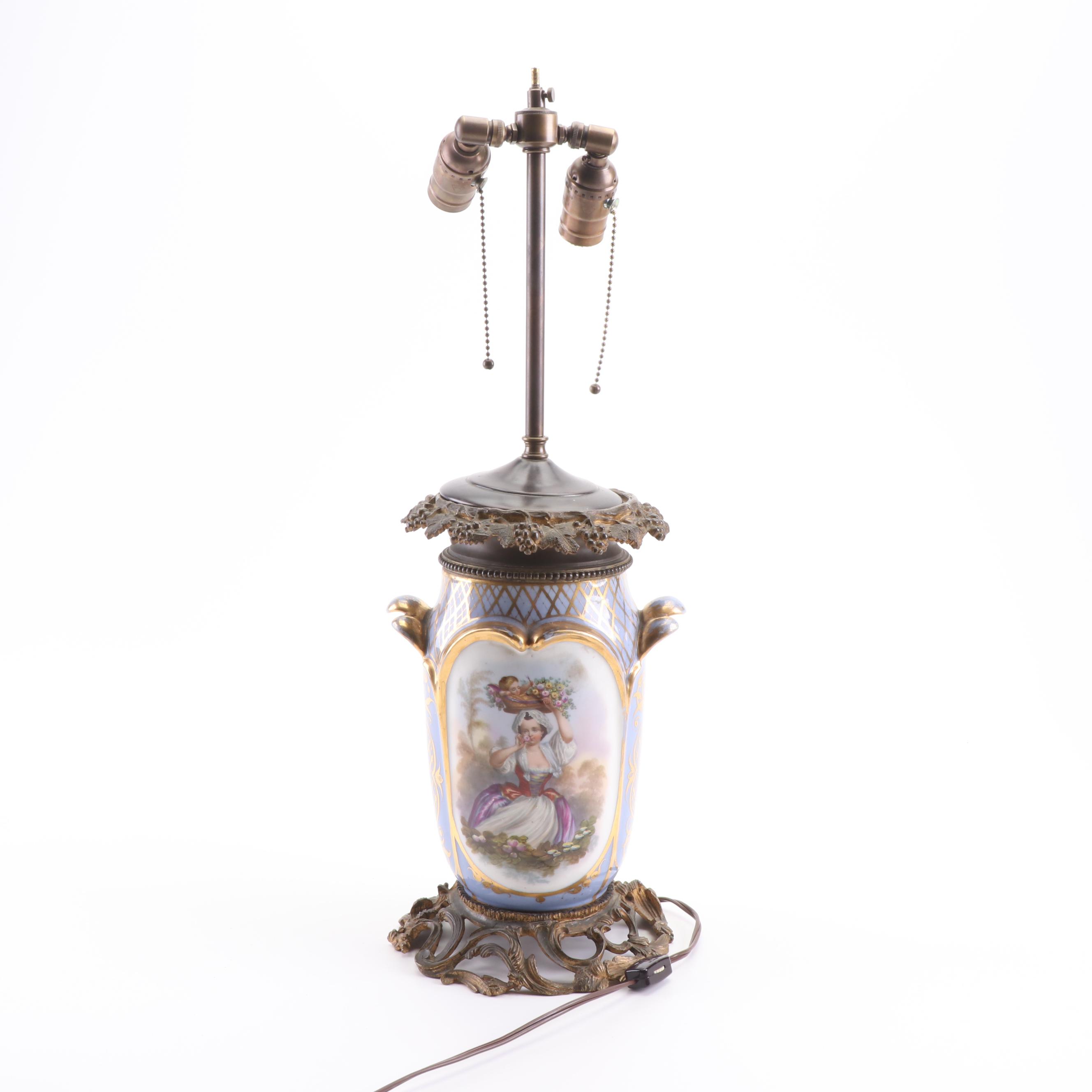 Converted Hand-Painted Porcelain Vase Dual Light Table Lamp with Gilt Decoration