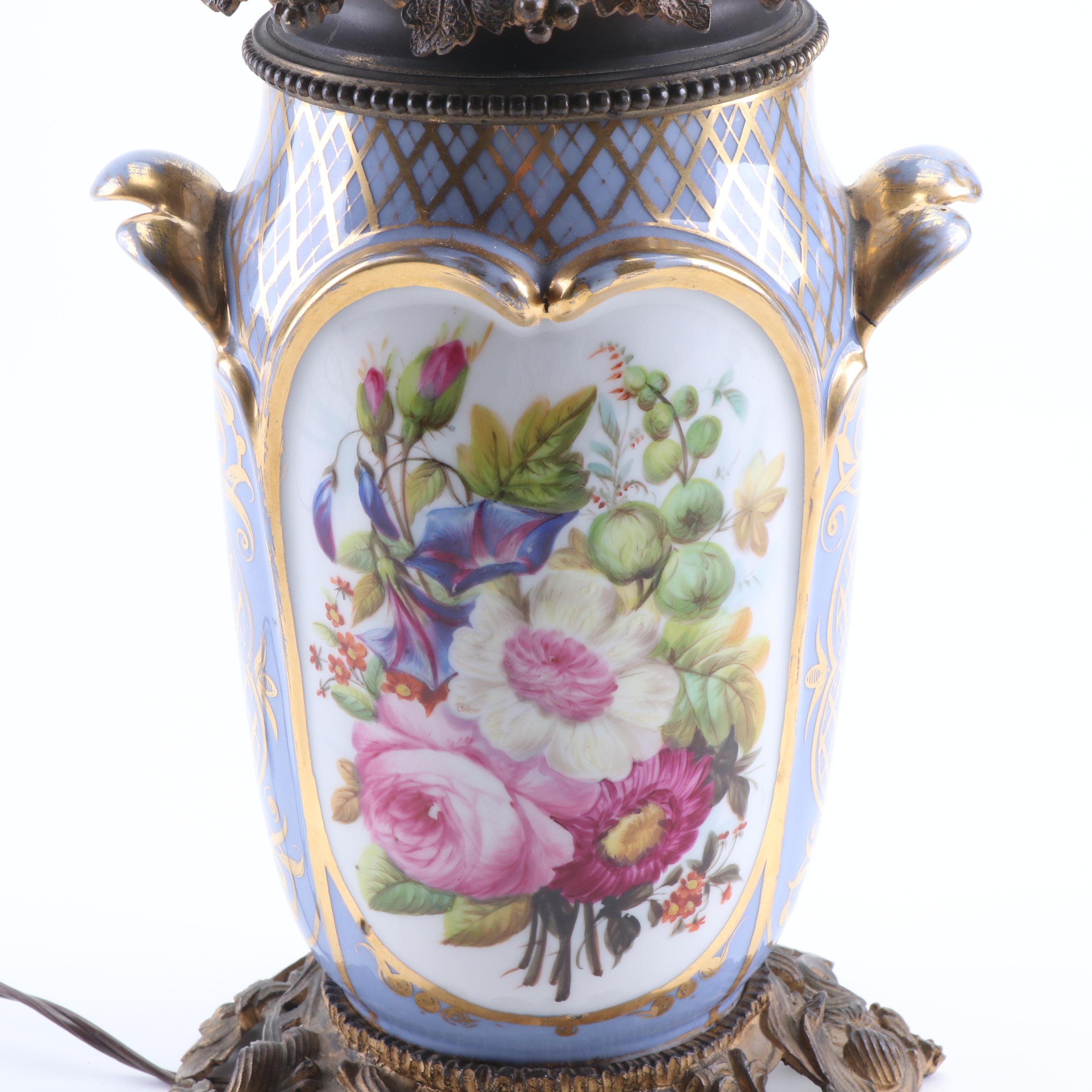 Converted Hand-Painted Porcelain Vase Dual Light Table Lamp with Gilt Decoration