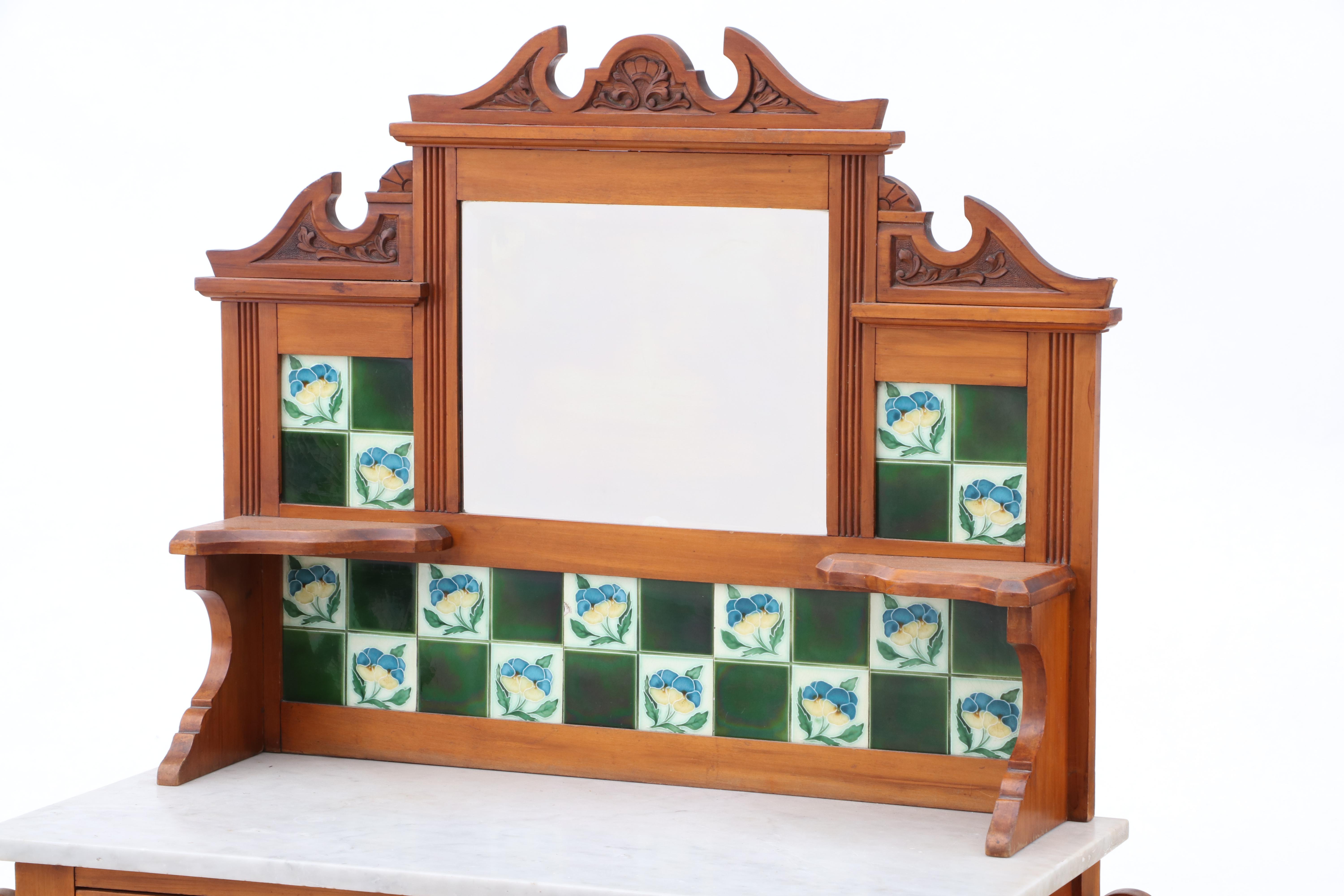 English Wash Stand with Art Nouveau Tiles, Circa 1910
