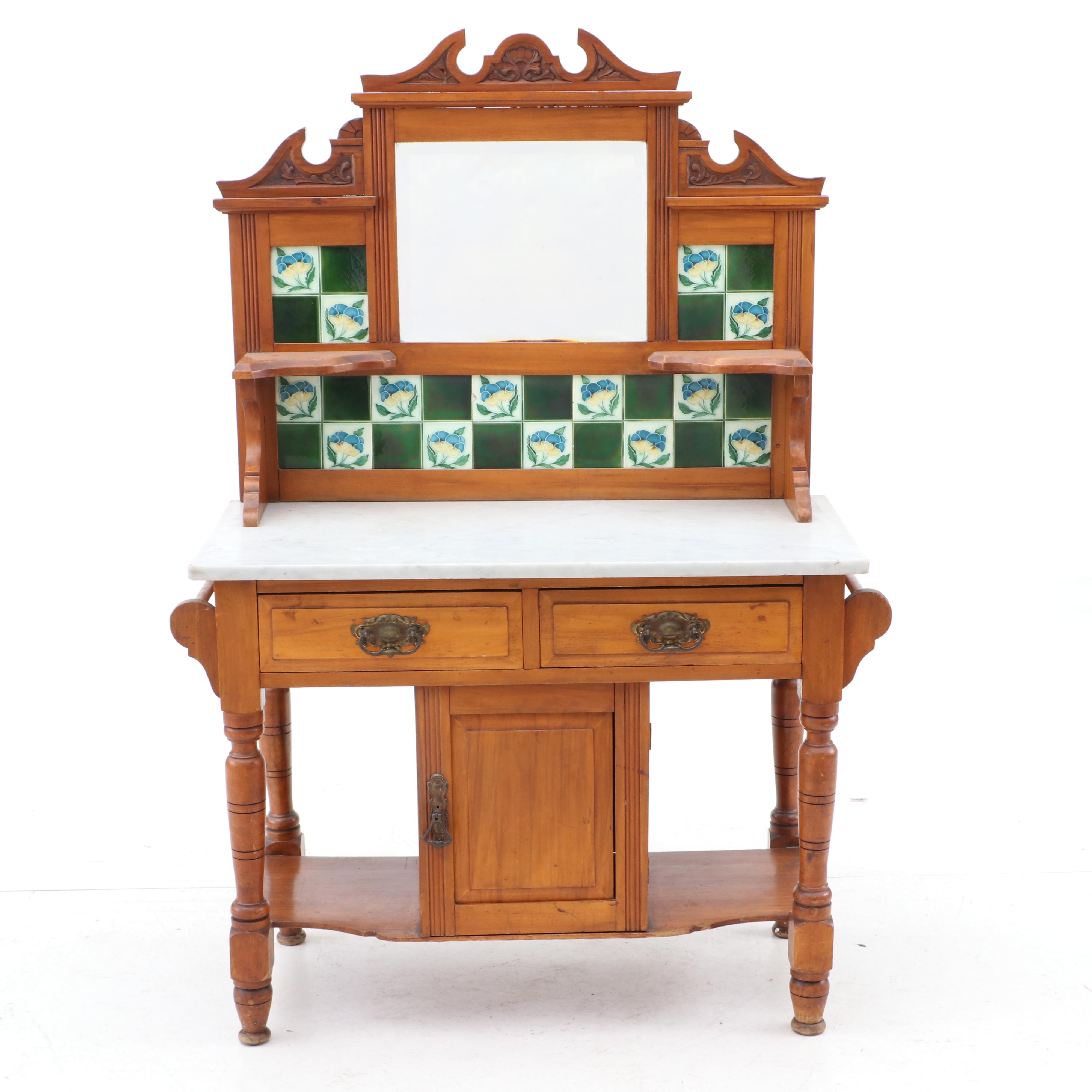 English Wash Stand with Art Nouveau Tiles, Circa 1910