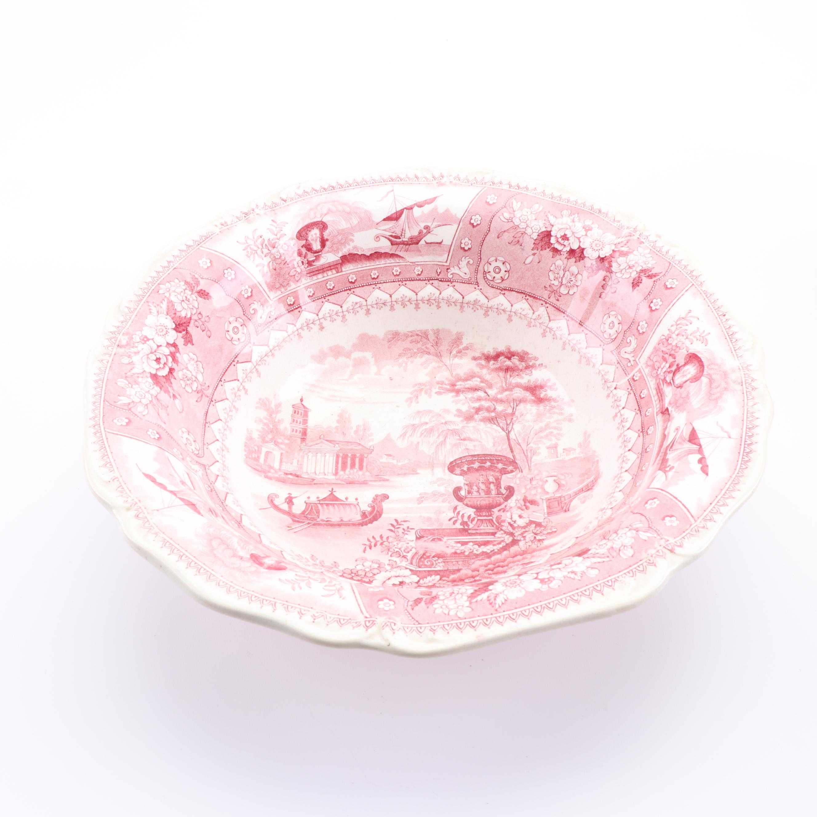 Red Transferware Earthenware Pitchers and Wash Basin