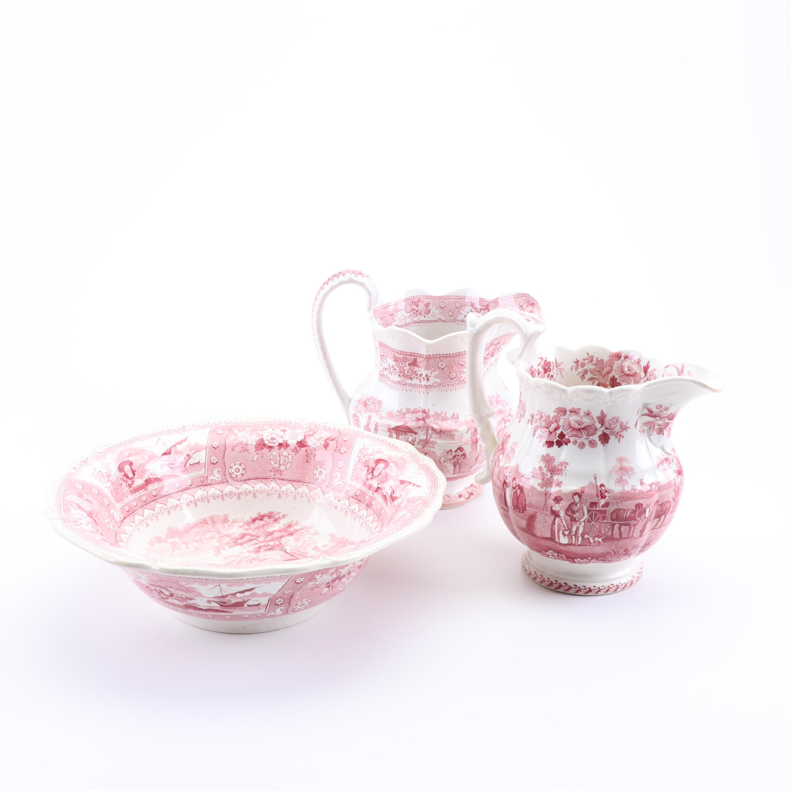 Red Transferware Earthenware Pitchers and Wash Basin