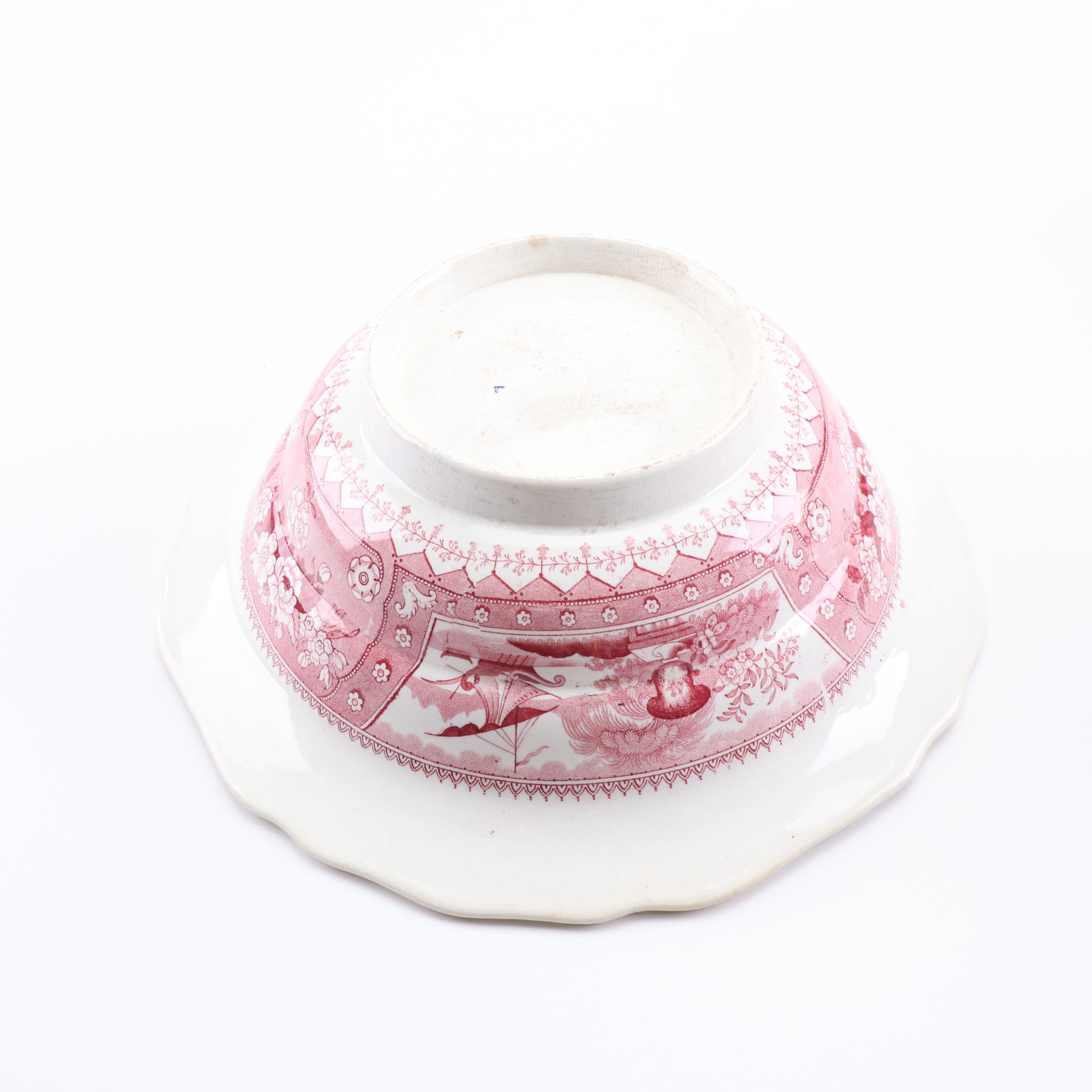 Red Transferware Earthenware Pitchers and Wash Basin