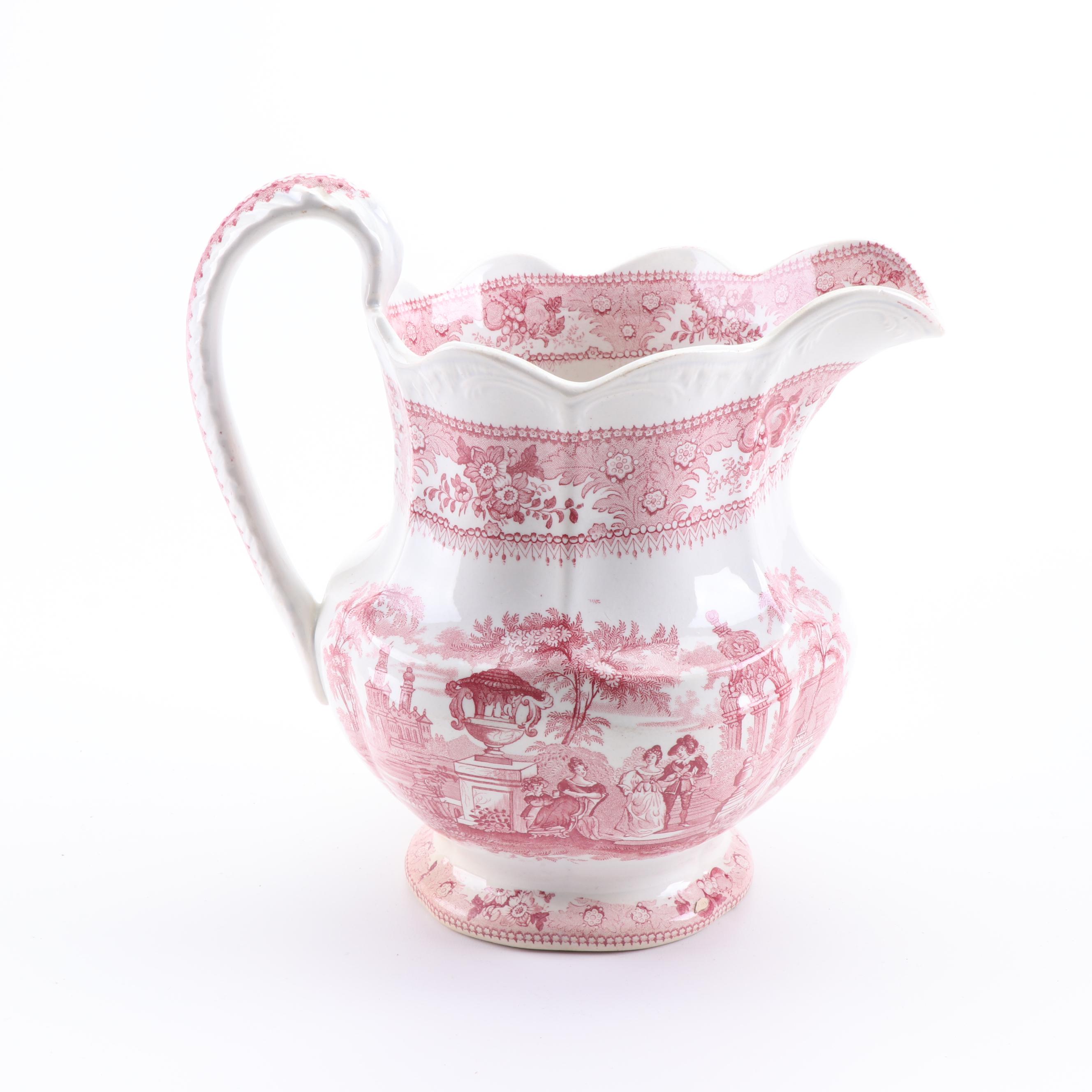 Red Transferware Earthenware Pitchers and Wash Basin