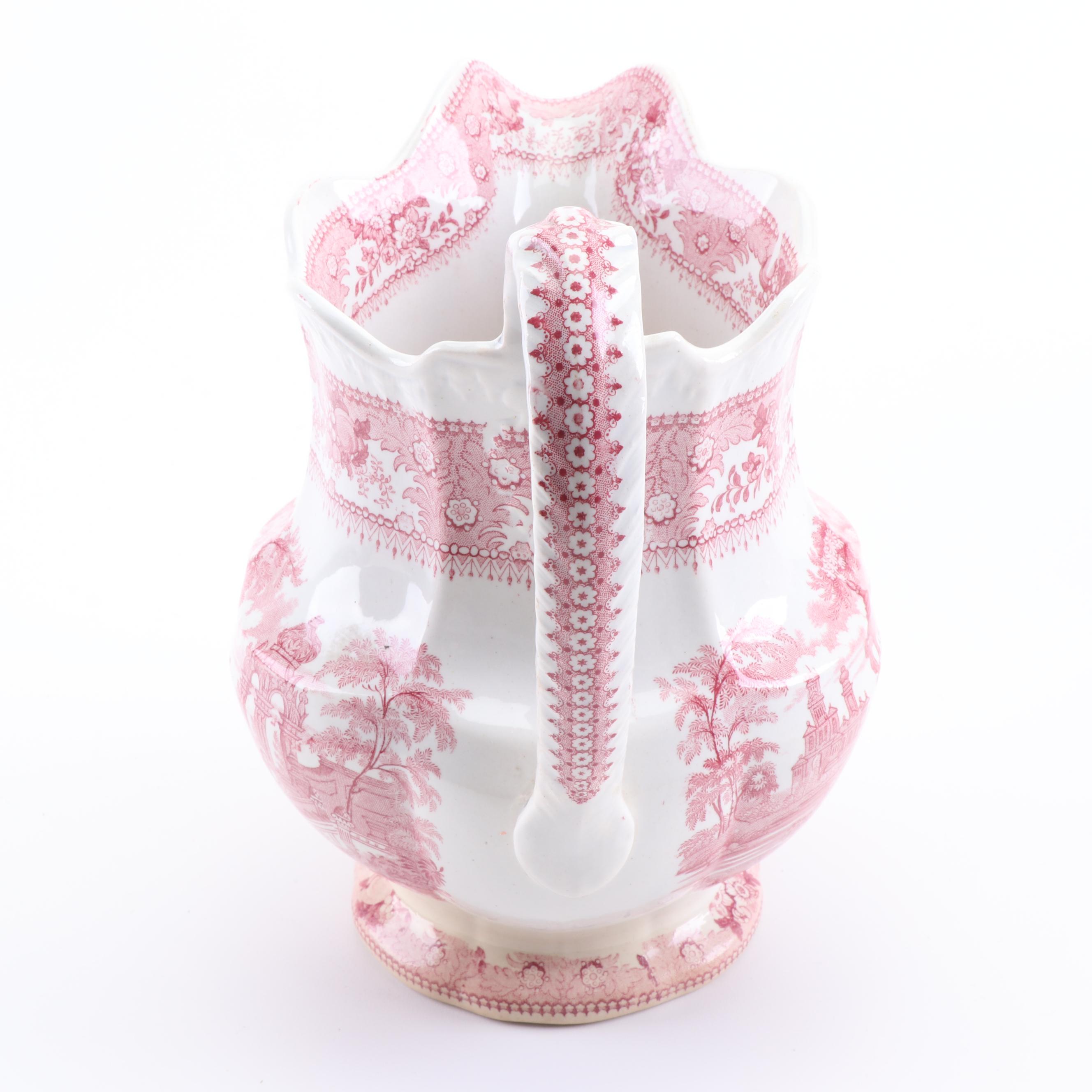 Red Transferware Earthenware Pitchers and Wash Basin