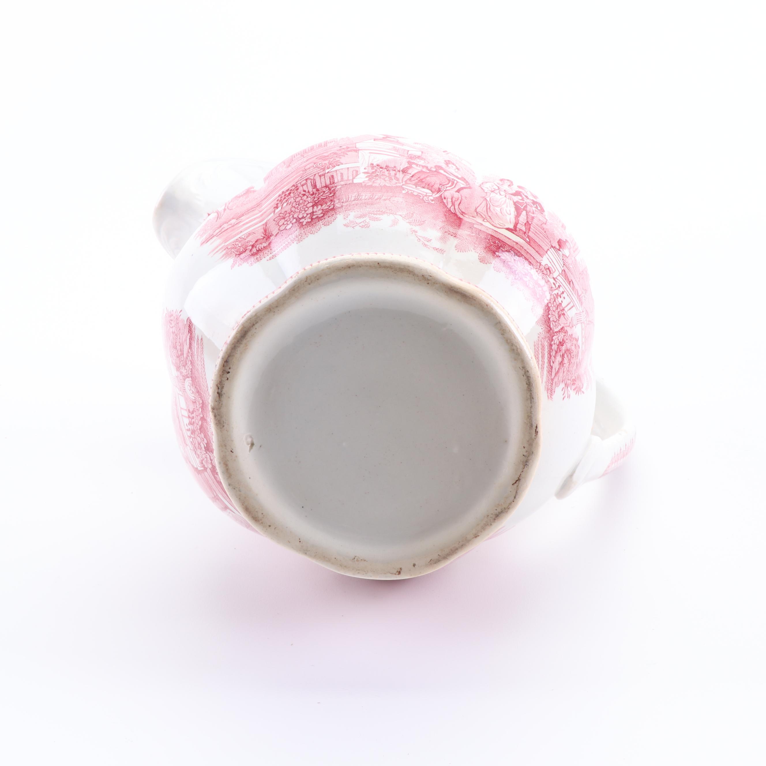 Red Transferware Earthenware Pitchers and Wash Basin