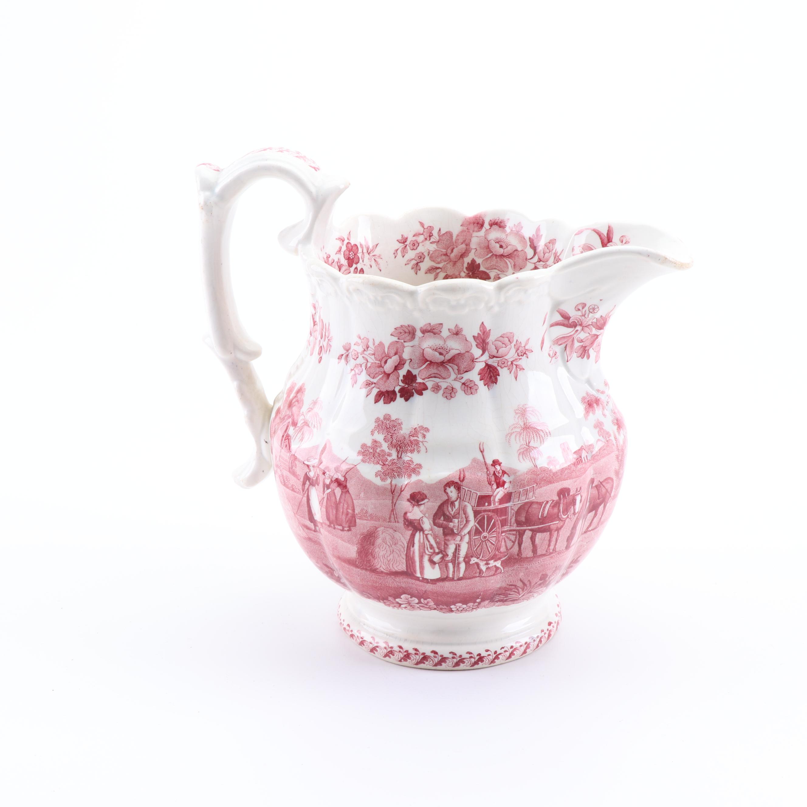 Red Transferware Earthenware Pitchers and Wash Basin