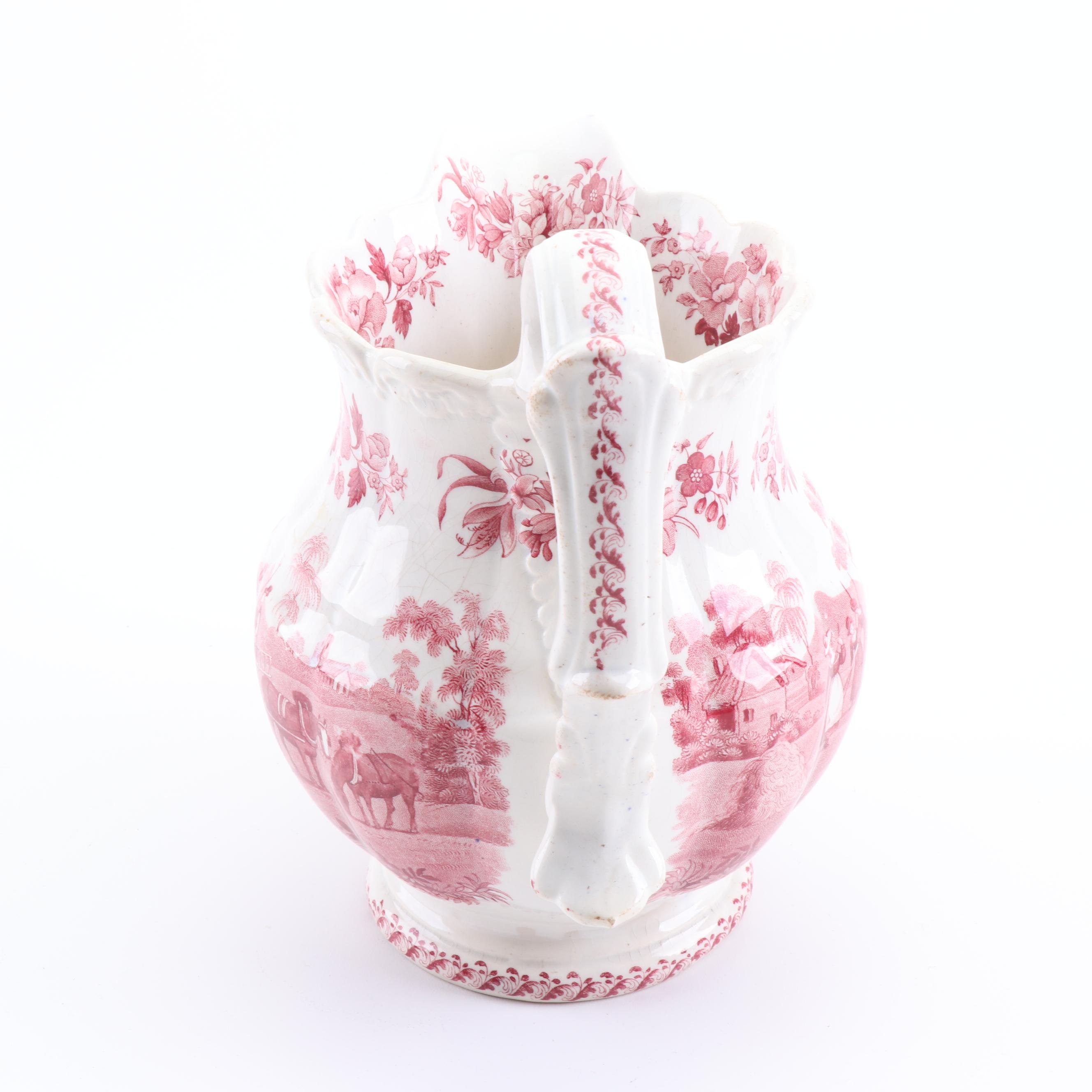 Red Transferware Earthenware Pitchers and Wash Basin