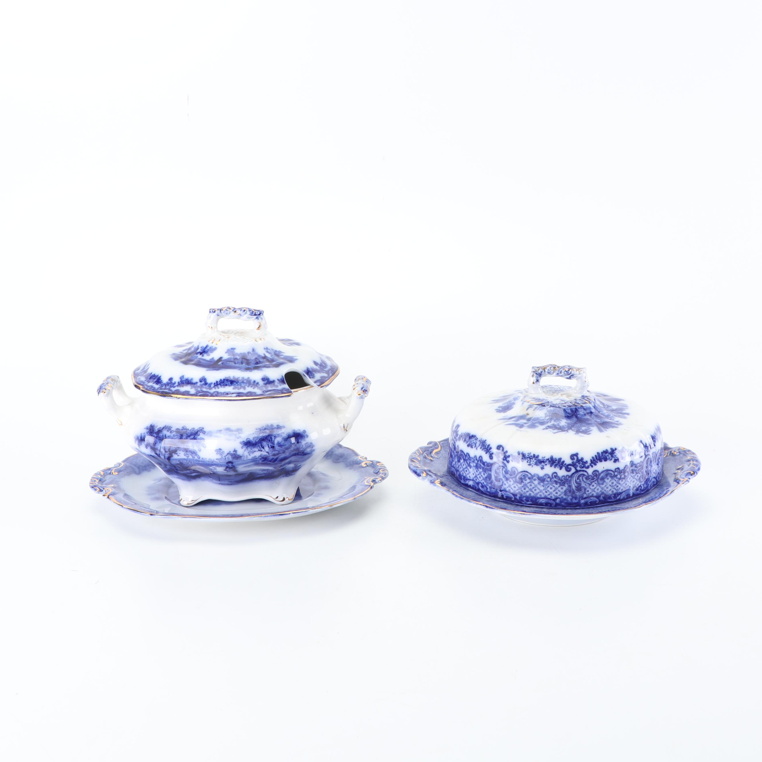 Ridgways "Scenes from Charles Dickens Old Curiousity Shop" Flow Blue Serveware