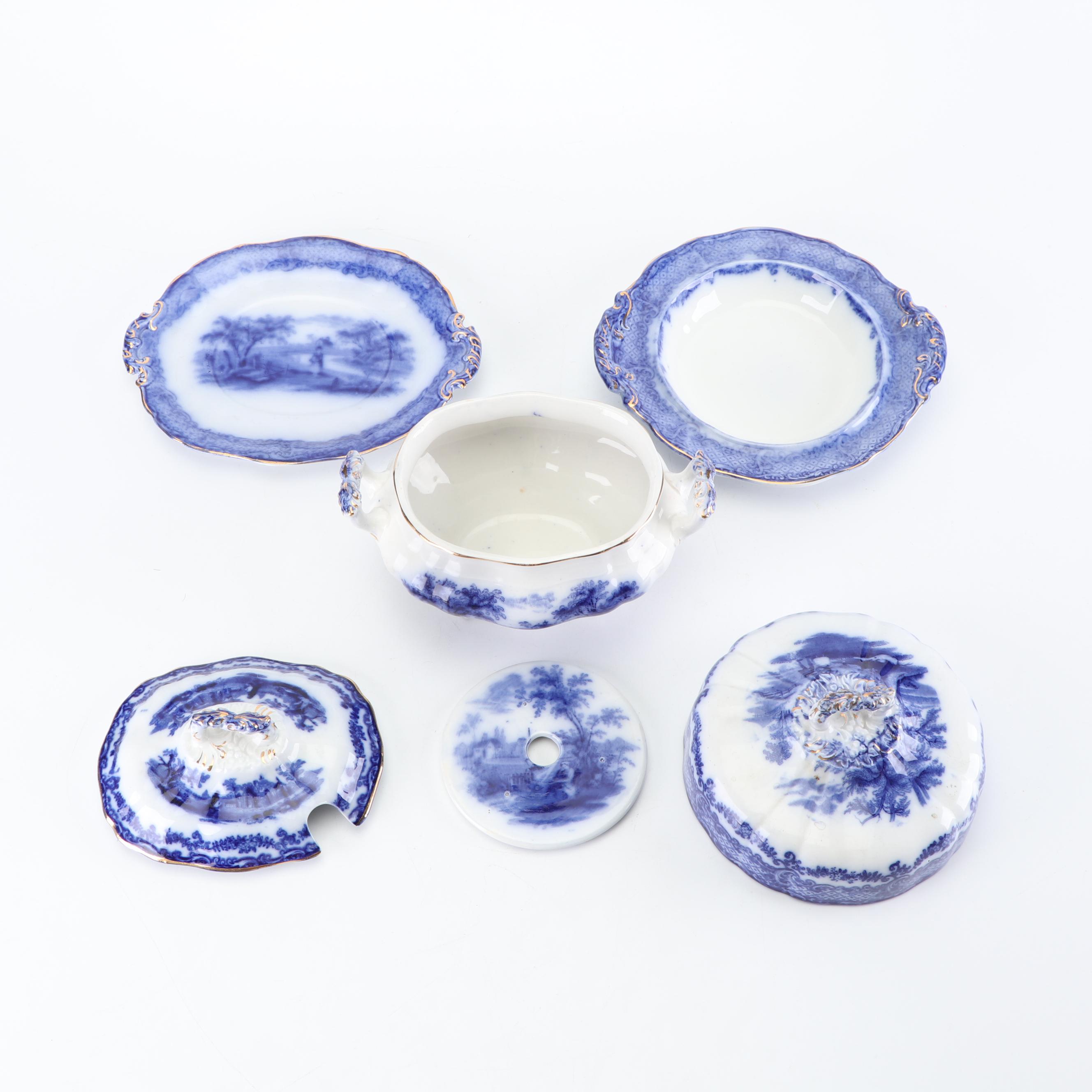 Ridgways "Scenes from Charles Dickens Old Curiousity Shop" Flow Blue Serveware