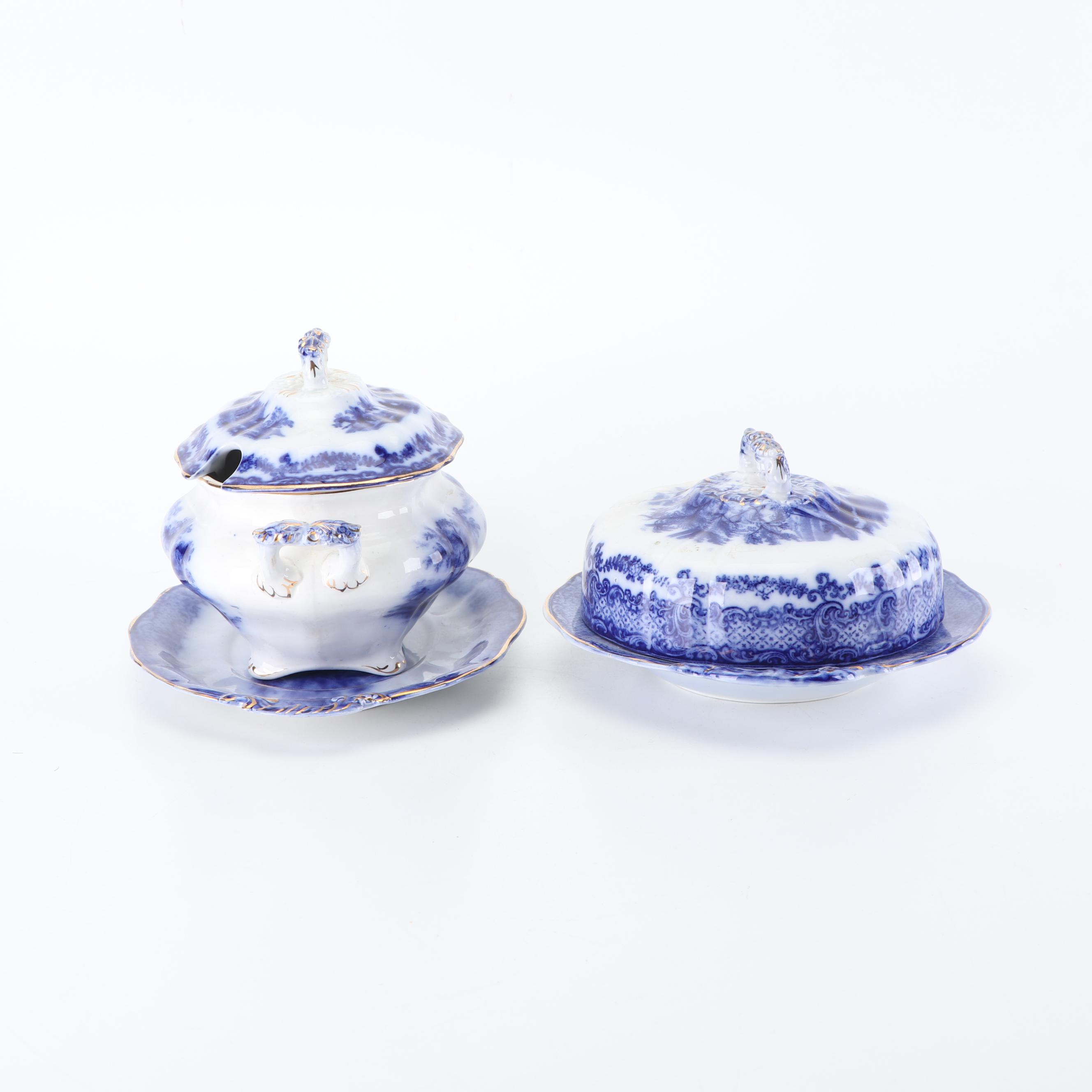 Ridgways "Scenes from Charles Dickens Old Curiousity Shop" Flow Blue Serveware