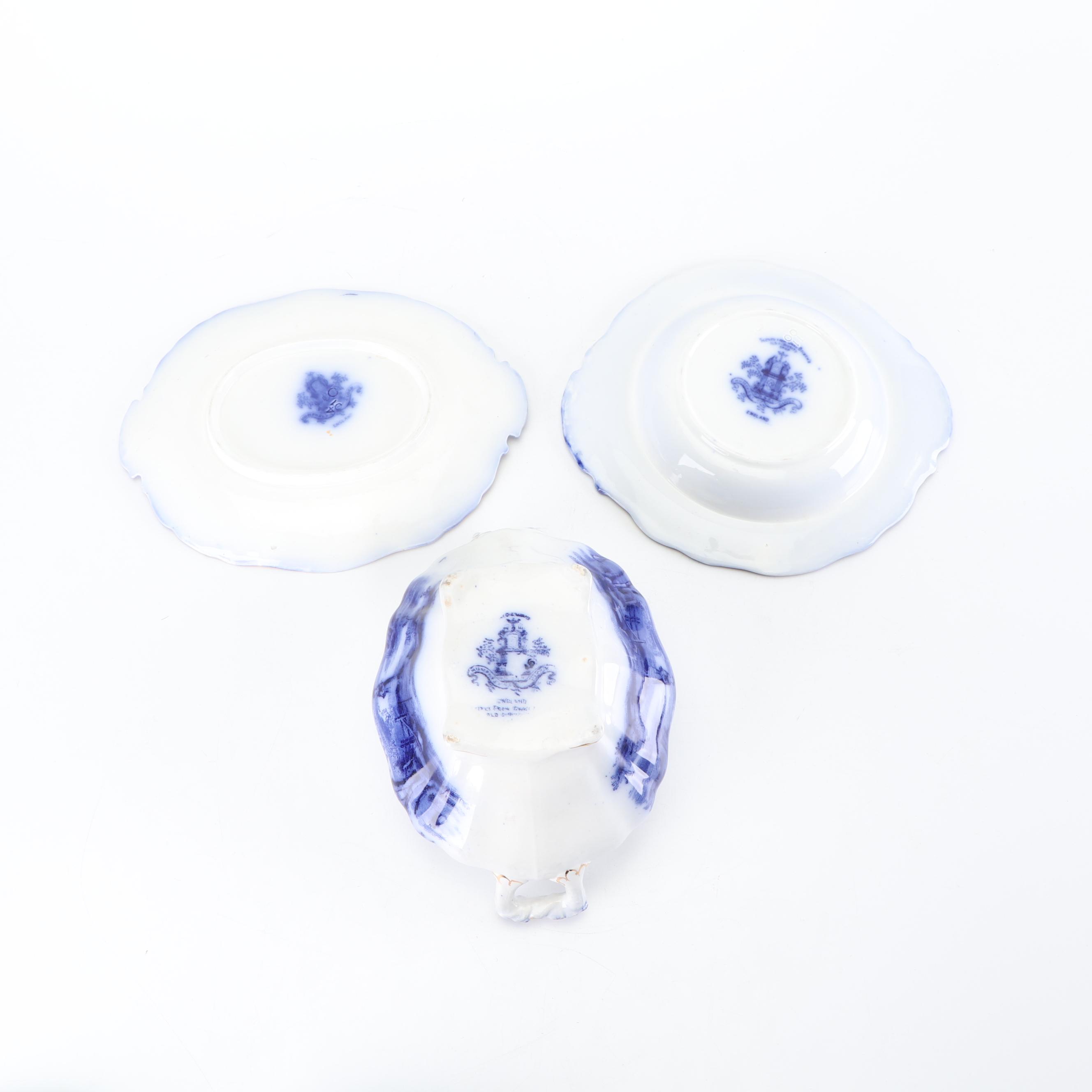 Ridgways "Scenes from Charles Dickens Old Curiousity Shop" Flow Blue Serveware