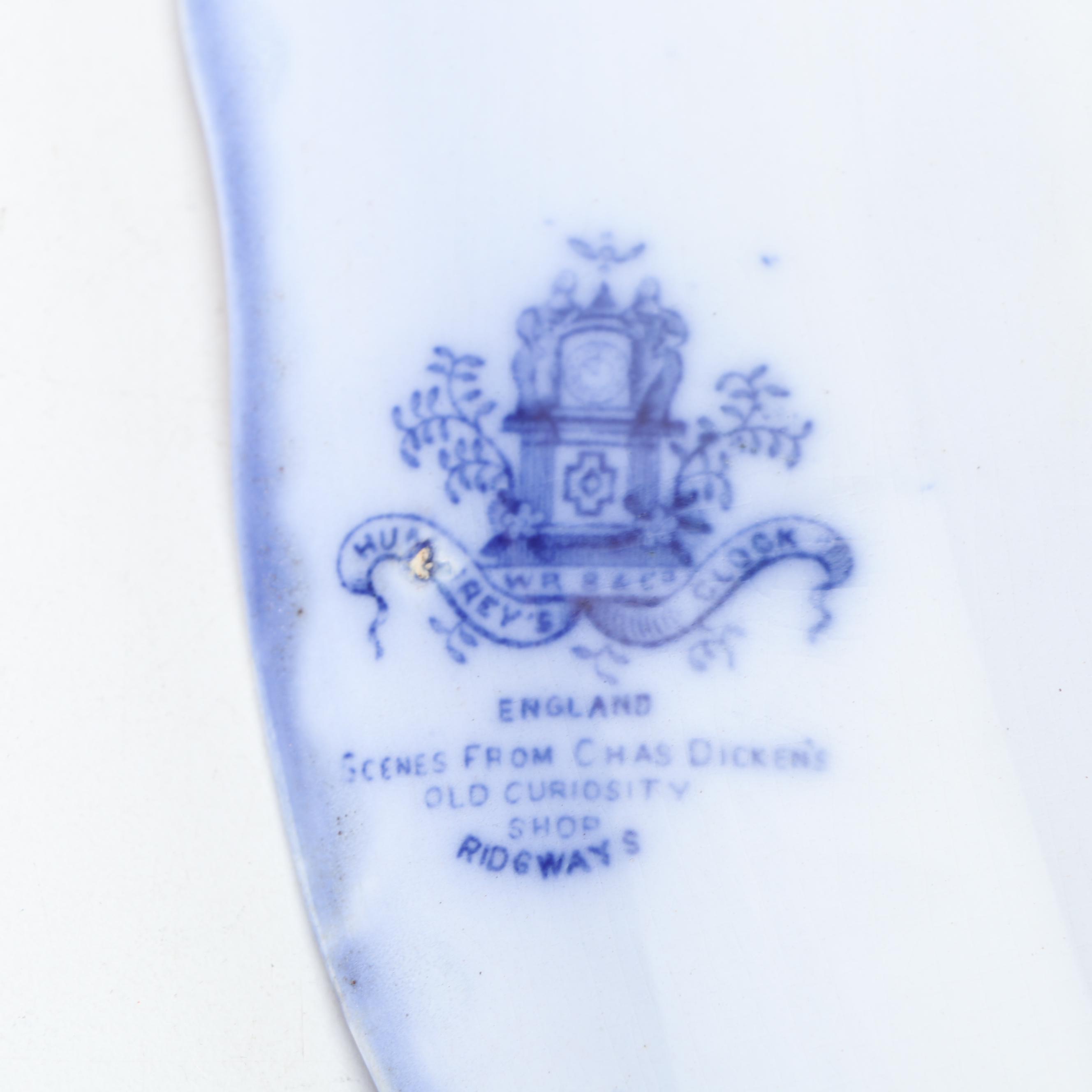 Ridgways "Scenes from Charles Dickens Old Curiousity Shop" Flow Blue Serveware