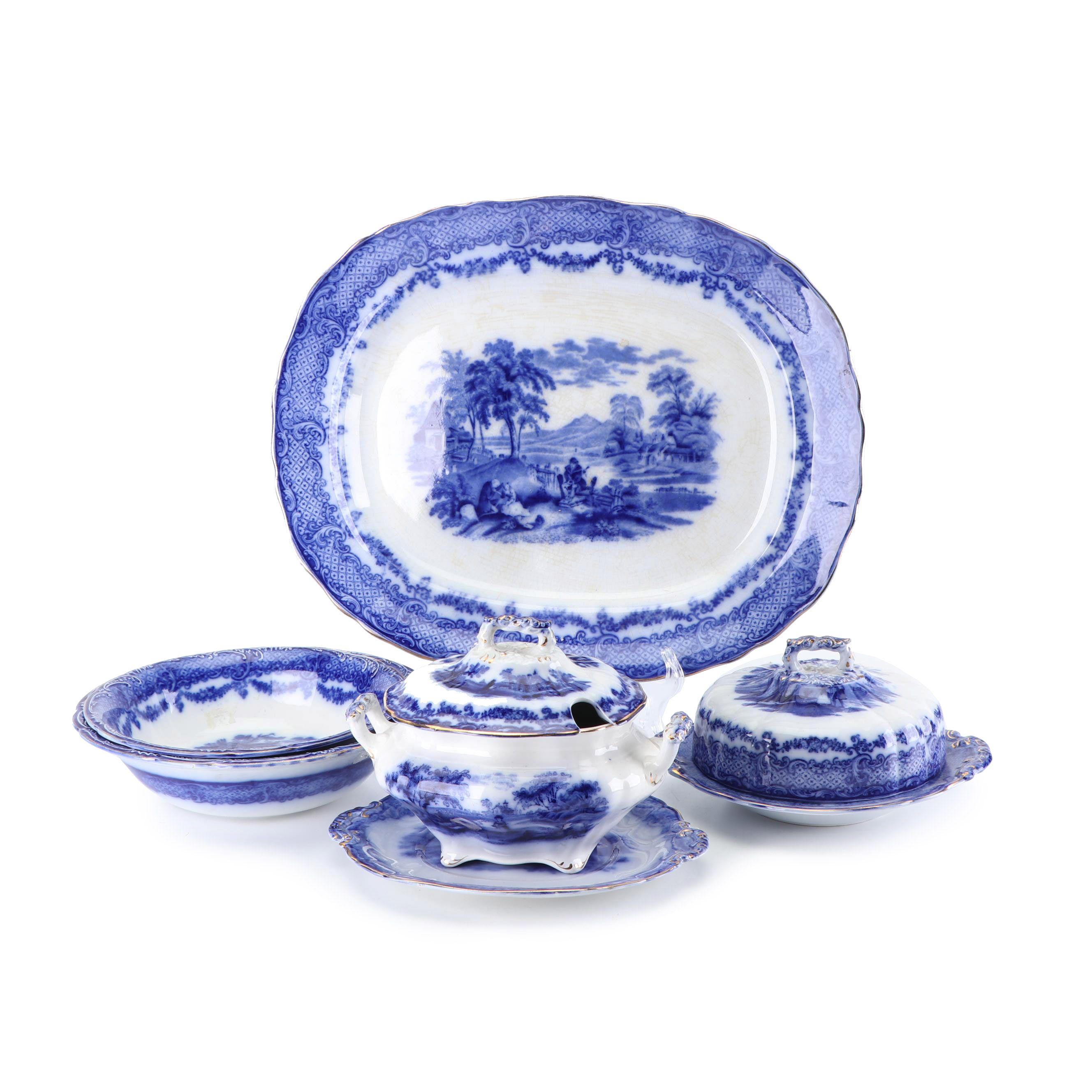 Ridgways "Scenes from Charles Dickens Old Curiousity Shop" Flow Blue Serveware