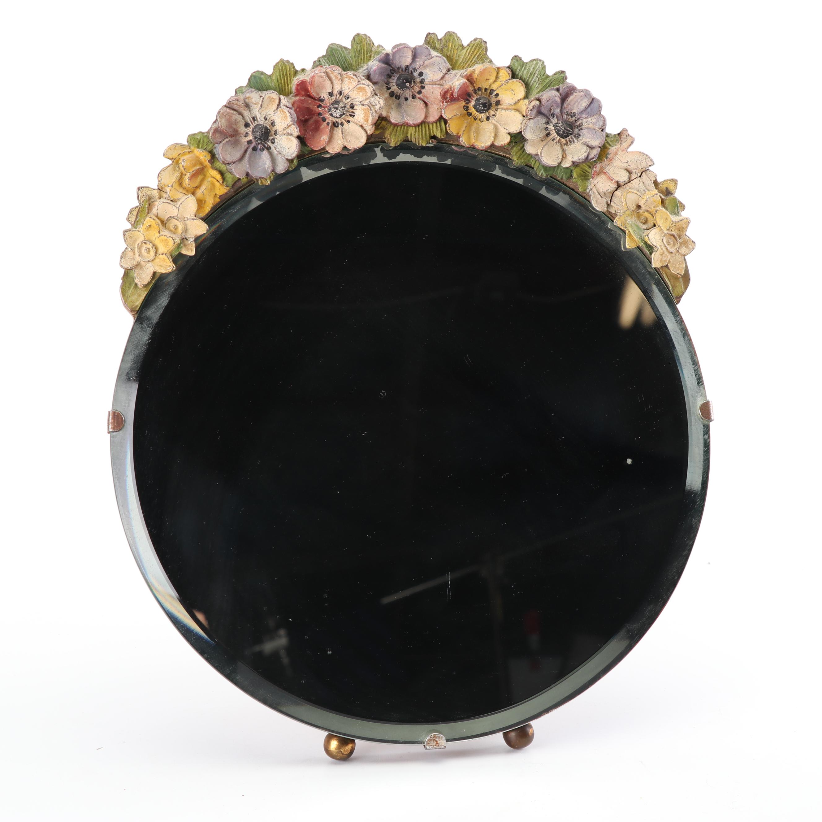 Round Beveled Vanity Mirror with Hand-Painted Gesso over Wood Floral Crown