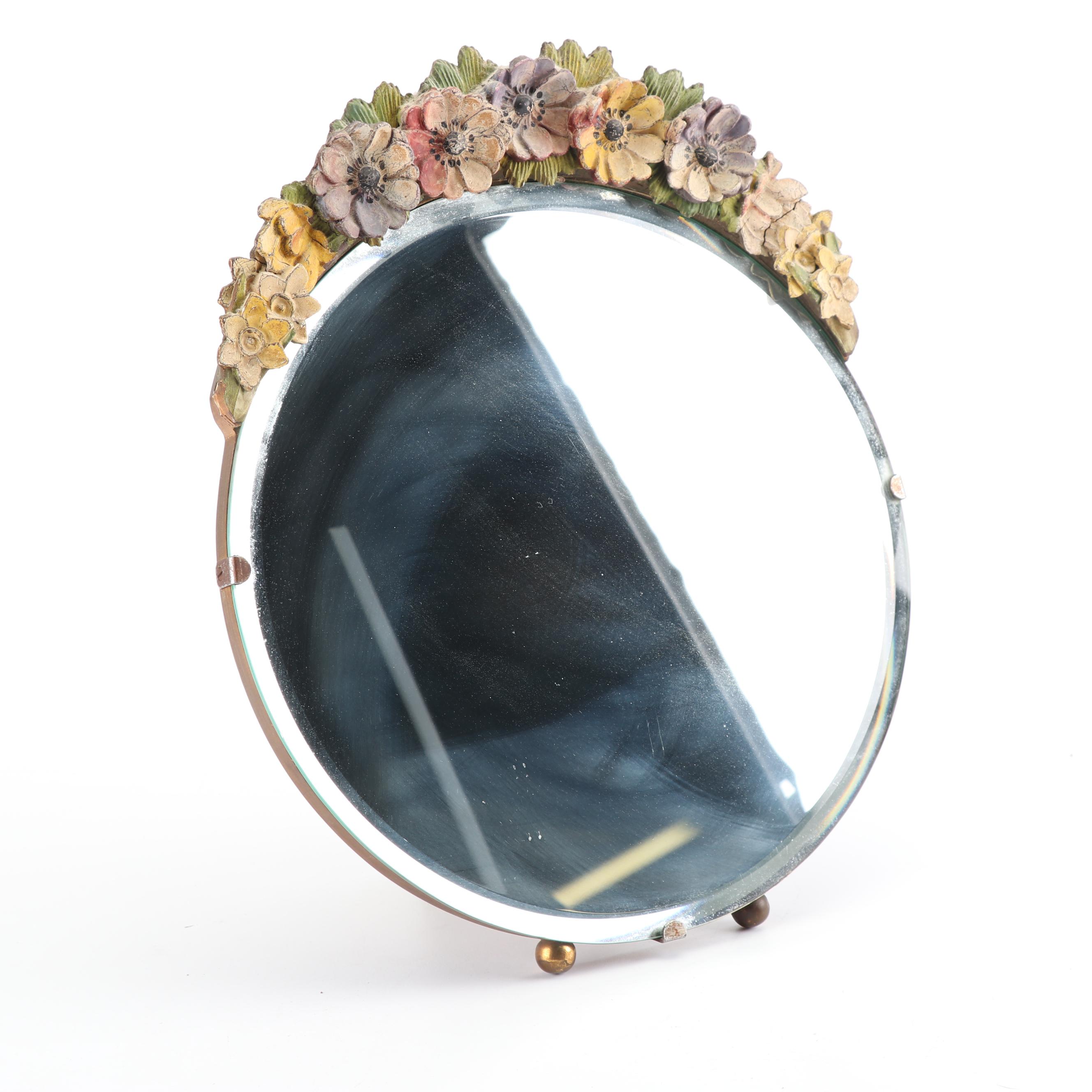 Round Beveled Vanity Mirror with Hand-Painted Gesso over Wood Floral Crown