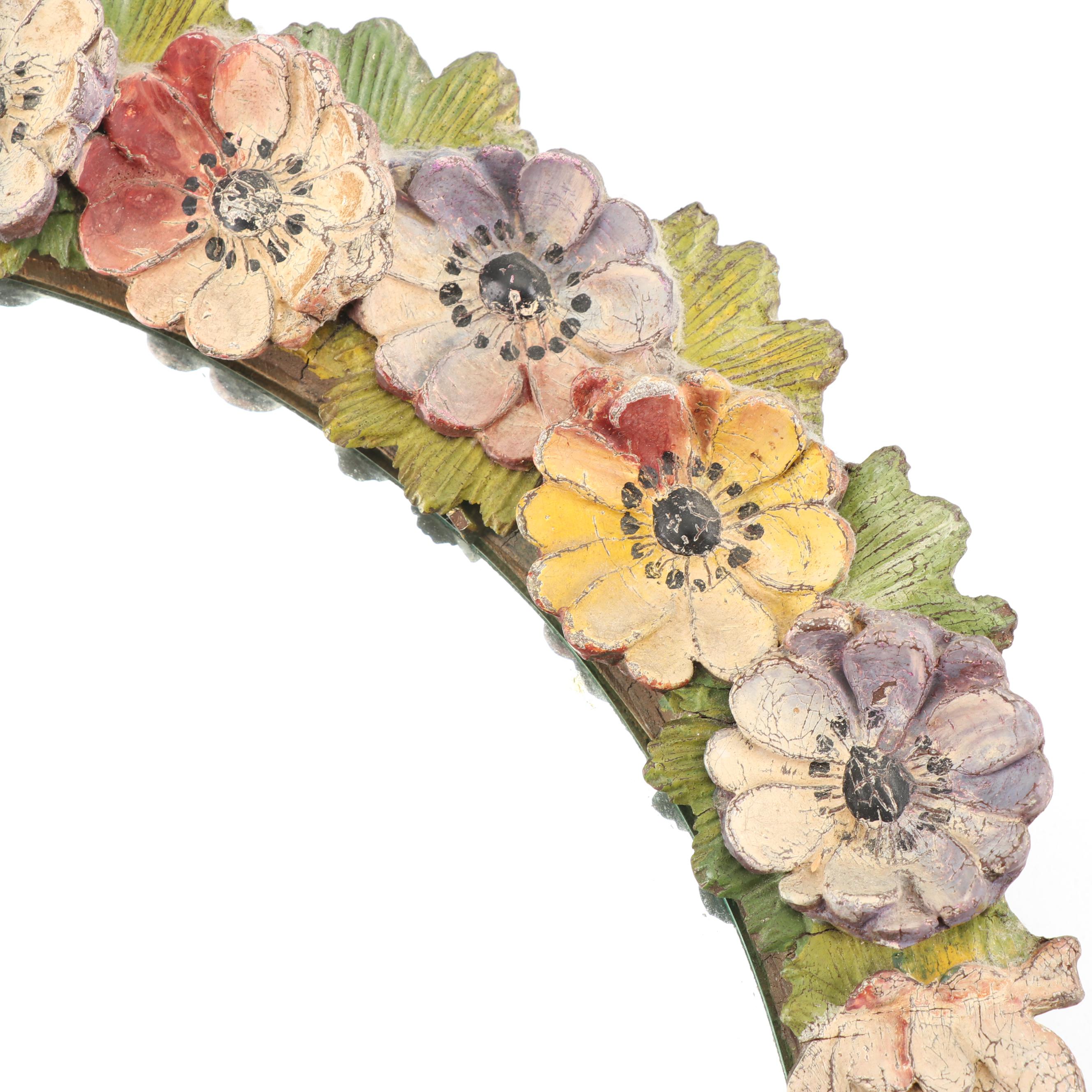 Round Beveled Vanity Mirror with Hand-Painted Gesso over Wood Floral Crown