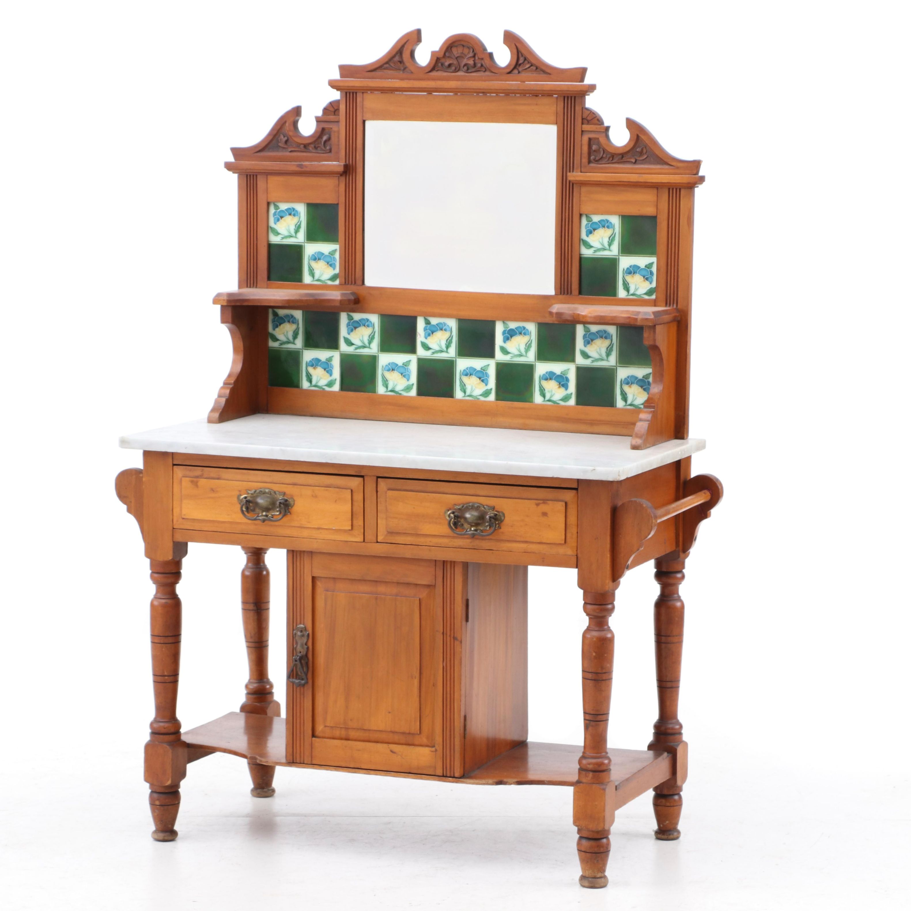 English Wash Stand with Art Nouveau Tiles, Circa 1910