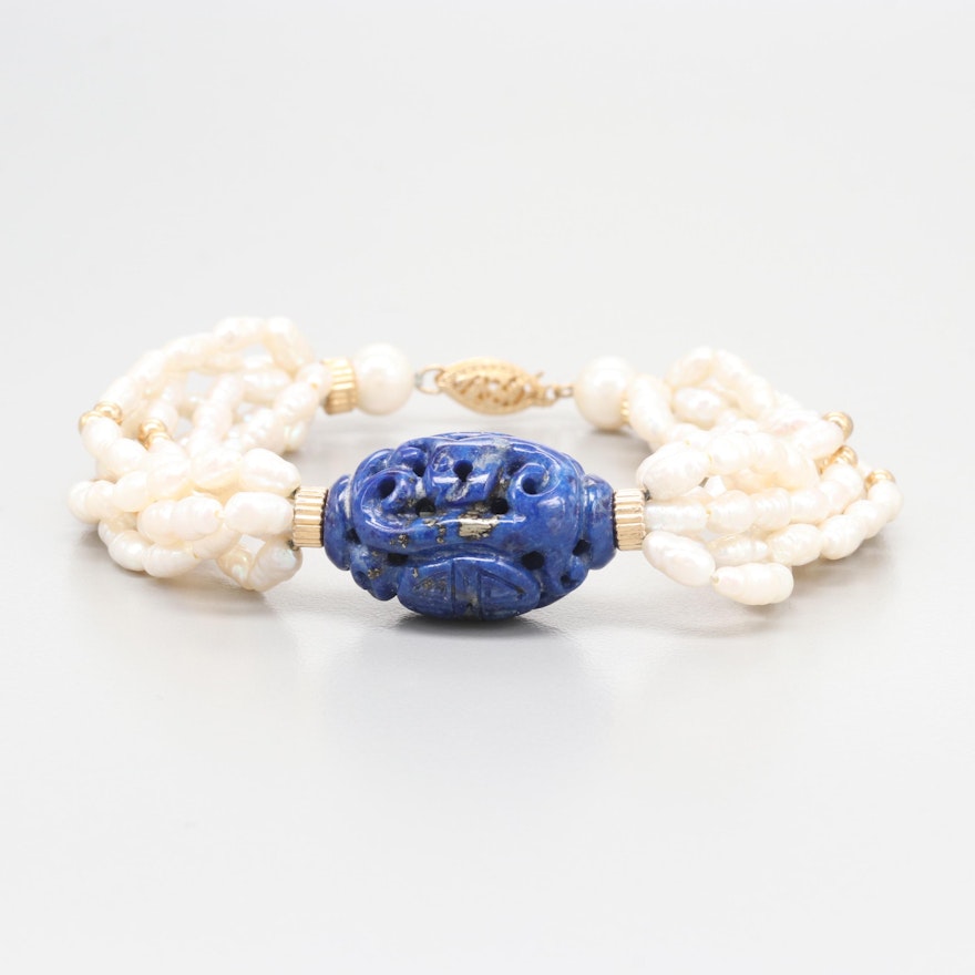 14K Yellow Gold Lapis Lazuli and Cultured Pearl Bracelet