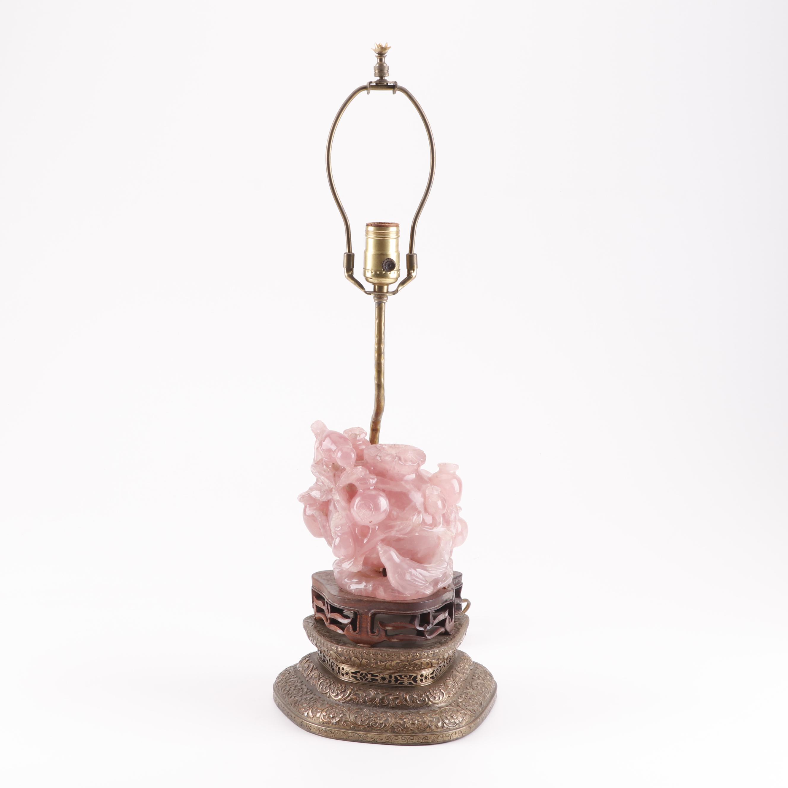 Chinese Carved Rose Quartz Table Lamp with Intricate Arabesque Relief Brass Base