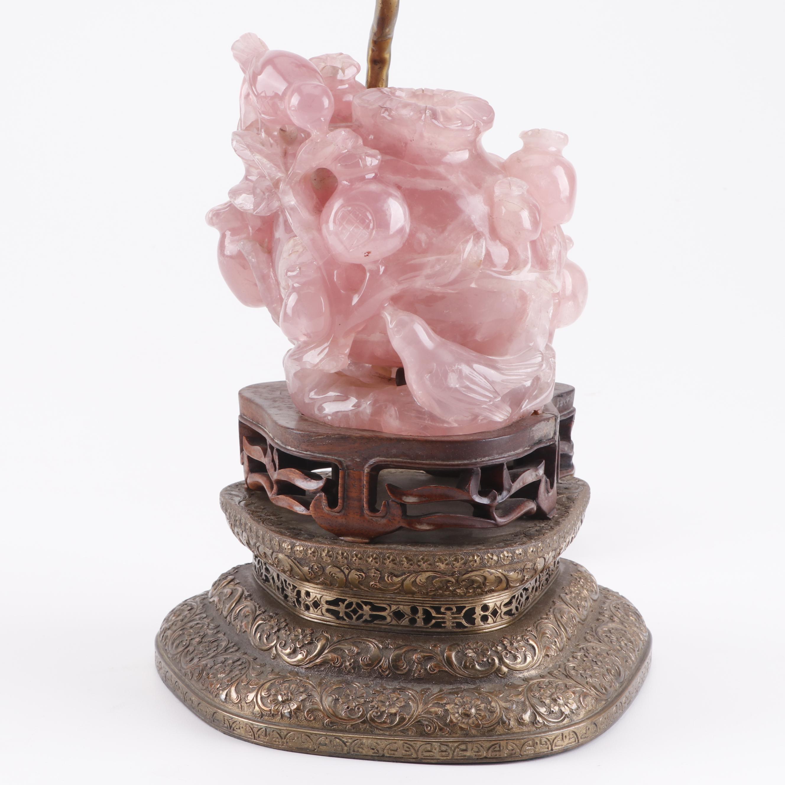 Chinese Carved Rose Quartz Table Lamp with Intricate Arabesque Relief Brass Base