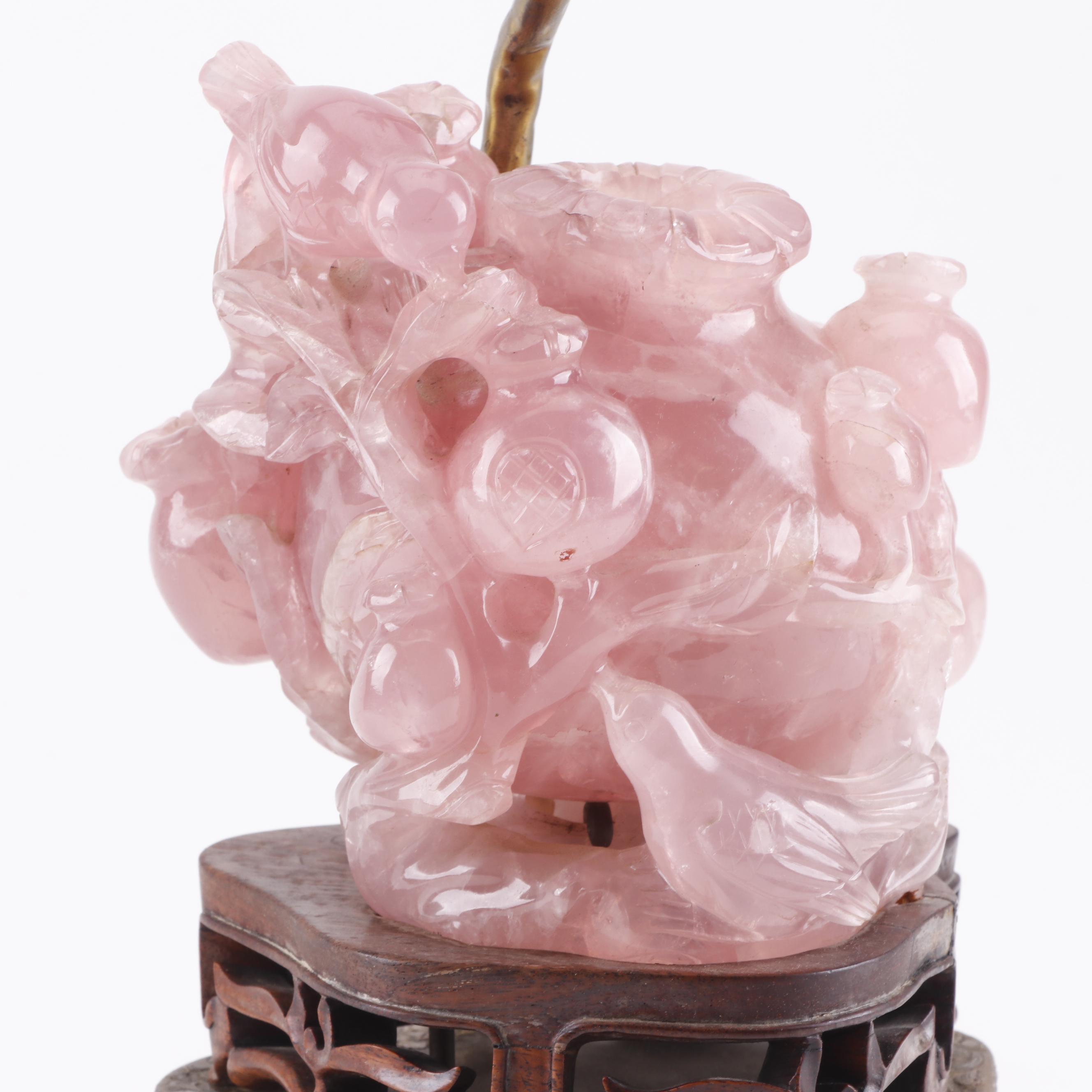 Chinese Carved Rose Quartz Table Lamp with Intricate Arabesque Relief Brass Base