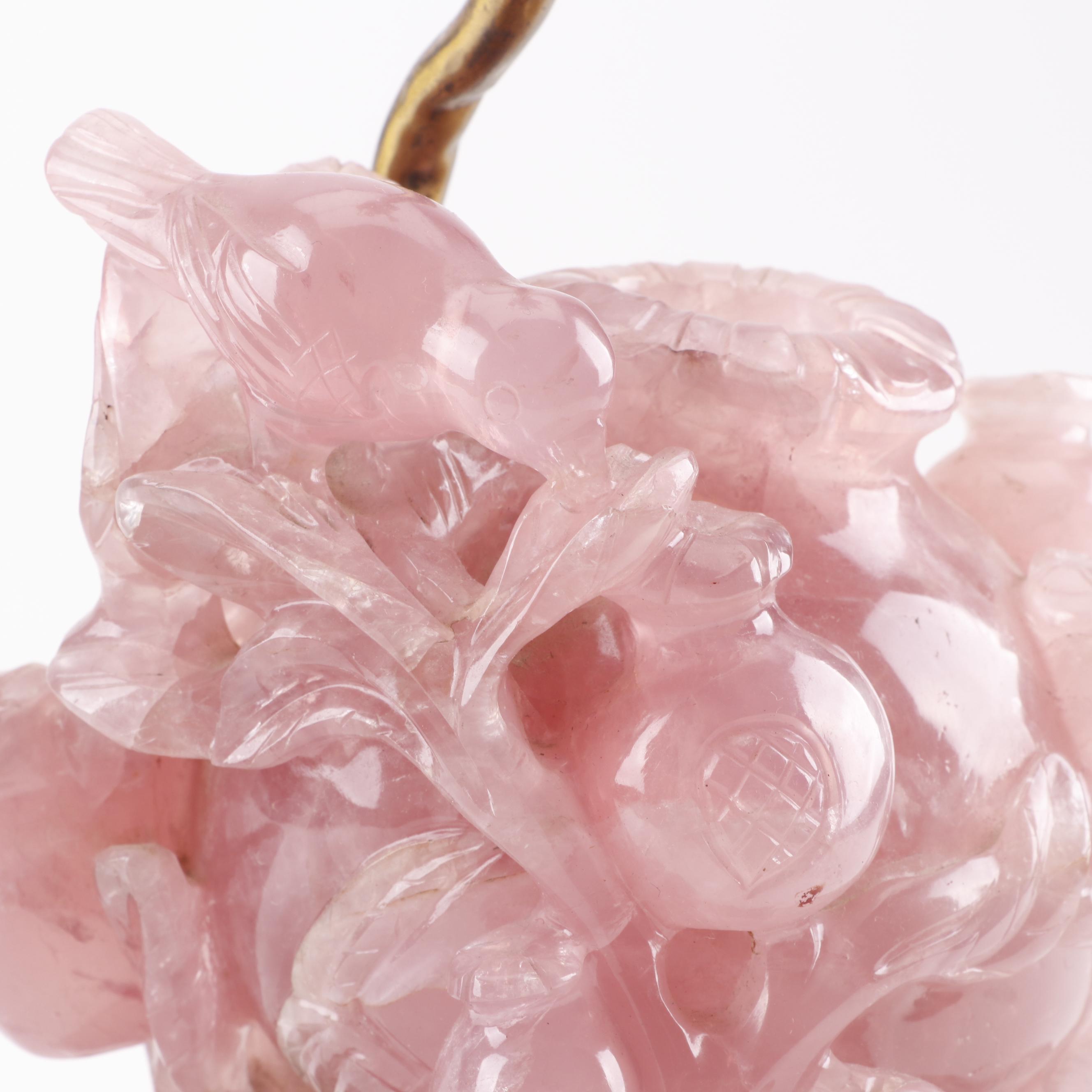 Chinese Carved Rose Quartz Table Lamp with Intricate Arabesque Relief Brass Base